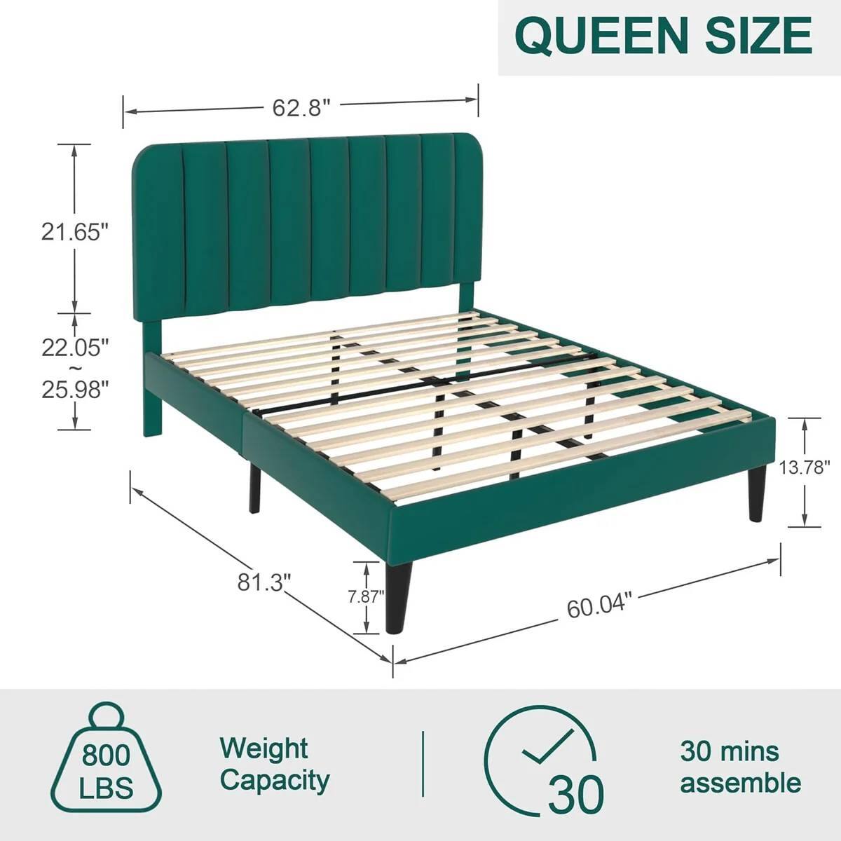 QUEEN SIZE
62.8"
21.65"
22.05"
25.98"
13.78"
81.3"
7.87"
60.04"
800 LBS Weight Capacity
30 mins assemble