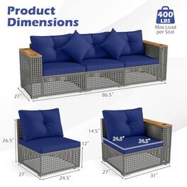 Costway - Patio Wicker Sectional Furniture Set, 3 Piece Outdoor Couch Set for Garden - Navy