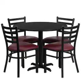 Flash Furniture - Carlton 36'' Round Black Laminate Table Set with X-Base and 4 Ladder Back Metal Chairs - Vinyl Seat - Burgundy