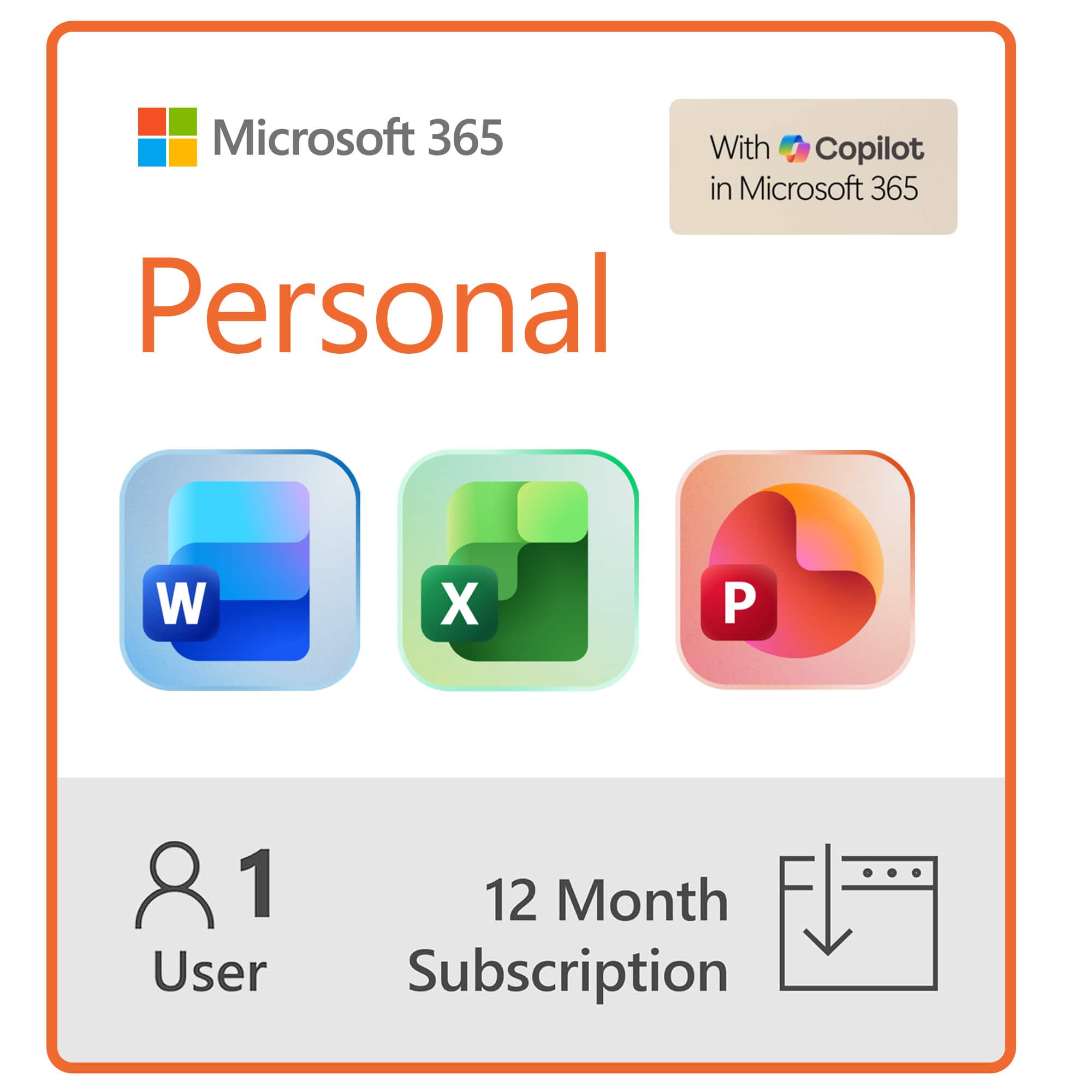 Microsoft 365 Personal
With Copilot in Microsoft 365
1 User
12 Month Subscription