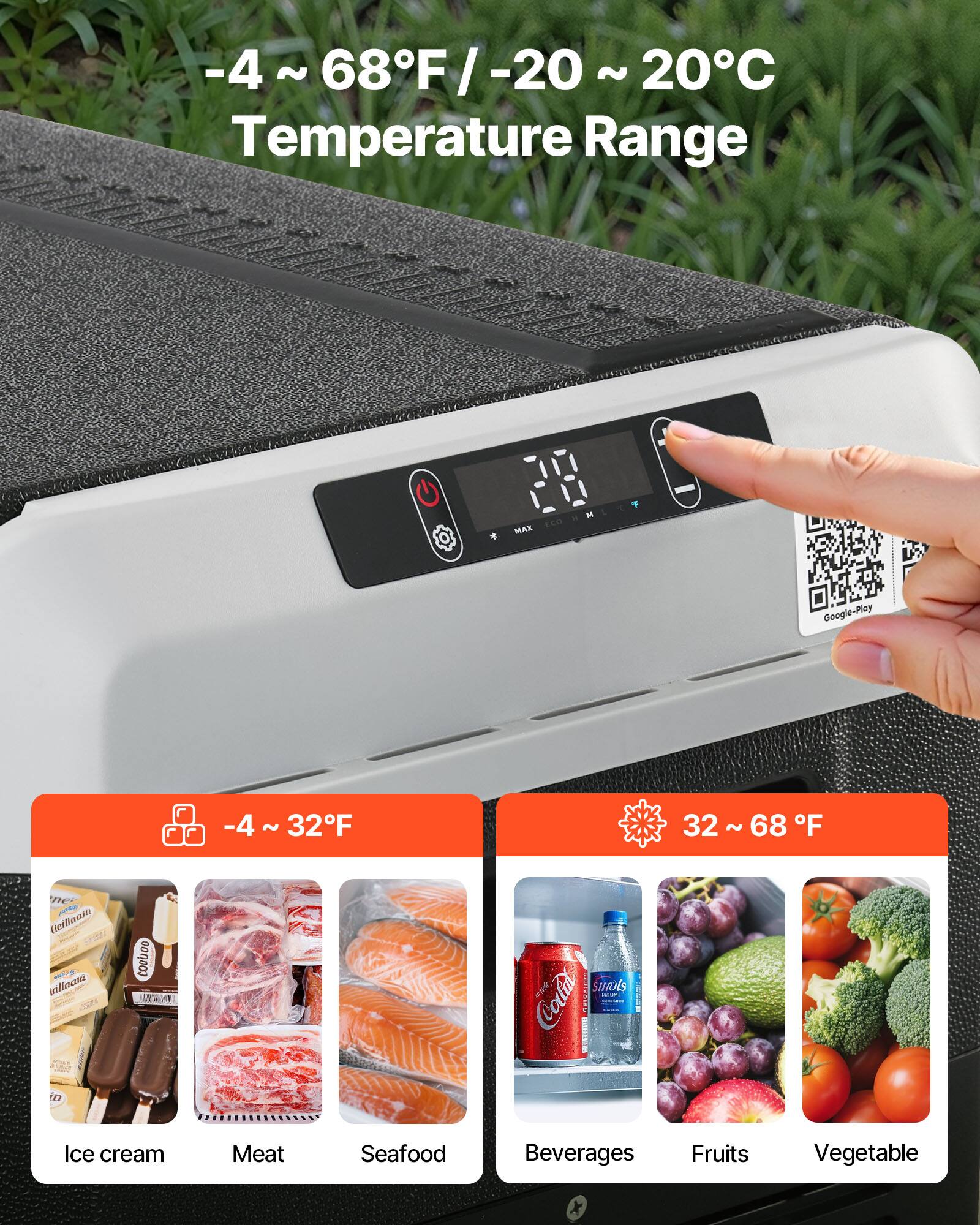 -4 ~ 68F/ -20 ~ 20C Temperature Range

-4 ~ 32F
32~68
Ice cream
Meat
Seafood
Beverages
Fruits
Vegetable