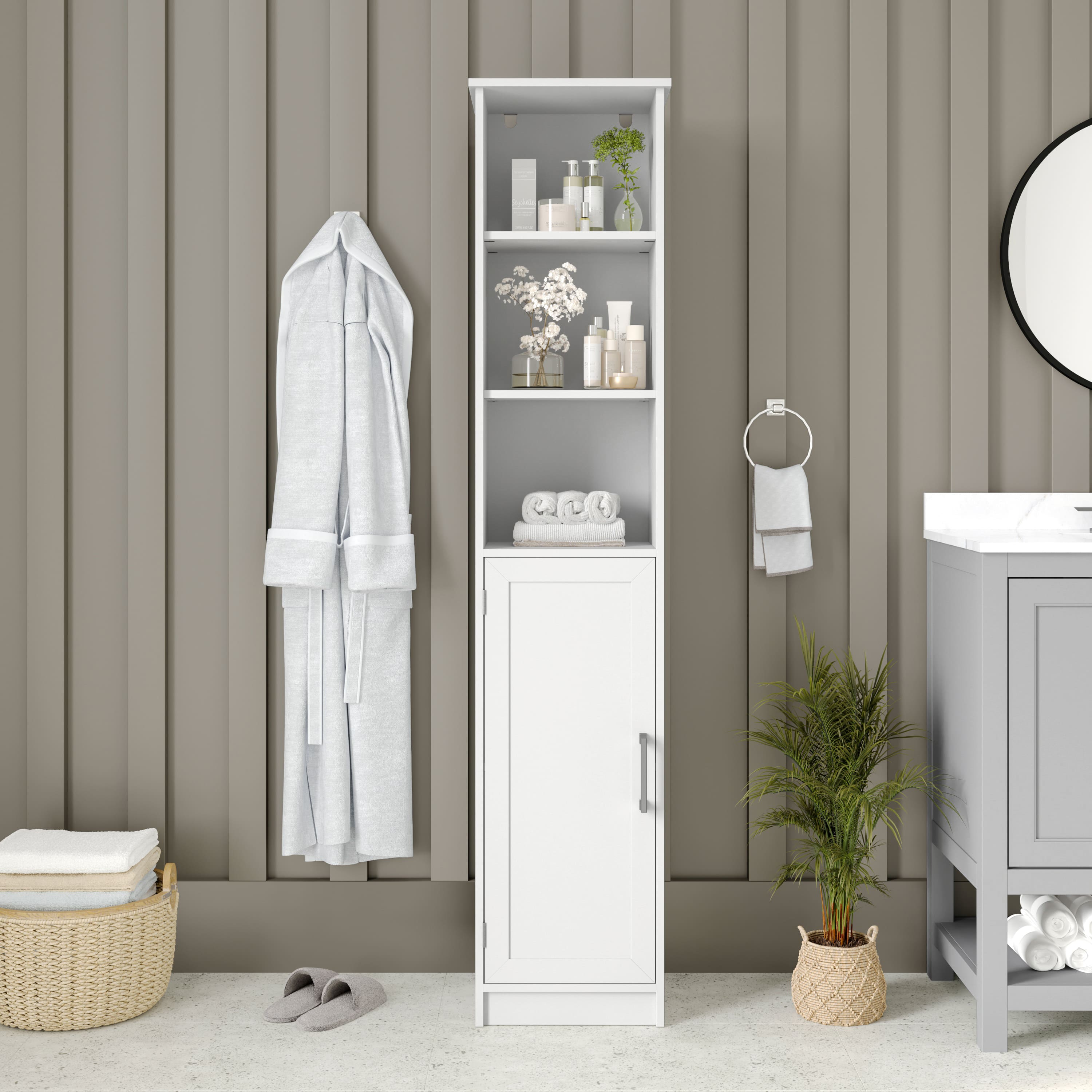 Emma + Oliver - Modern Freestanding Linen Tower with Shelves and Magnetic Close Door - White price history on PriceWatchPro