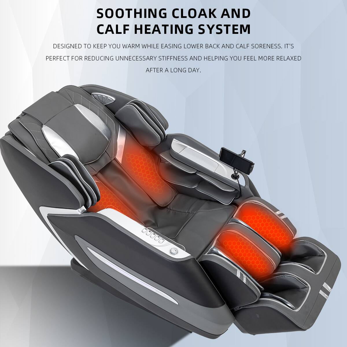 SOOTHING CLOAK AND CALF HEATING SYSTEM

DESIGNED TO KEEP YOU WARM WHILE EASING LOWER BACK AND CALF SORENESS. IT'S PERFECT FOR REDUCING UNNECESSARY STIFFNESS AND HELPING YOU FEEL MORE RELAXED AFTER A LONG DAY.