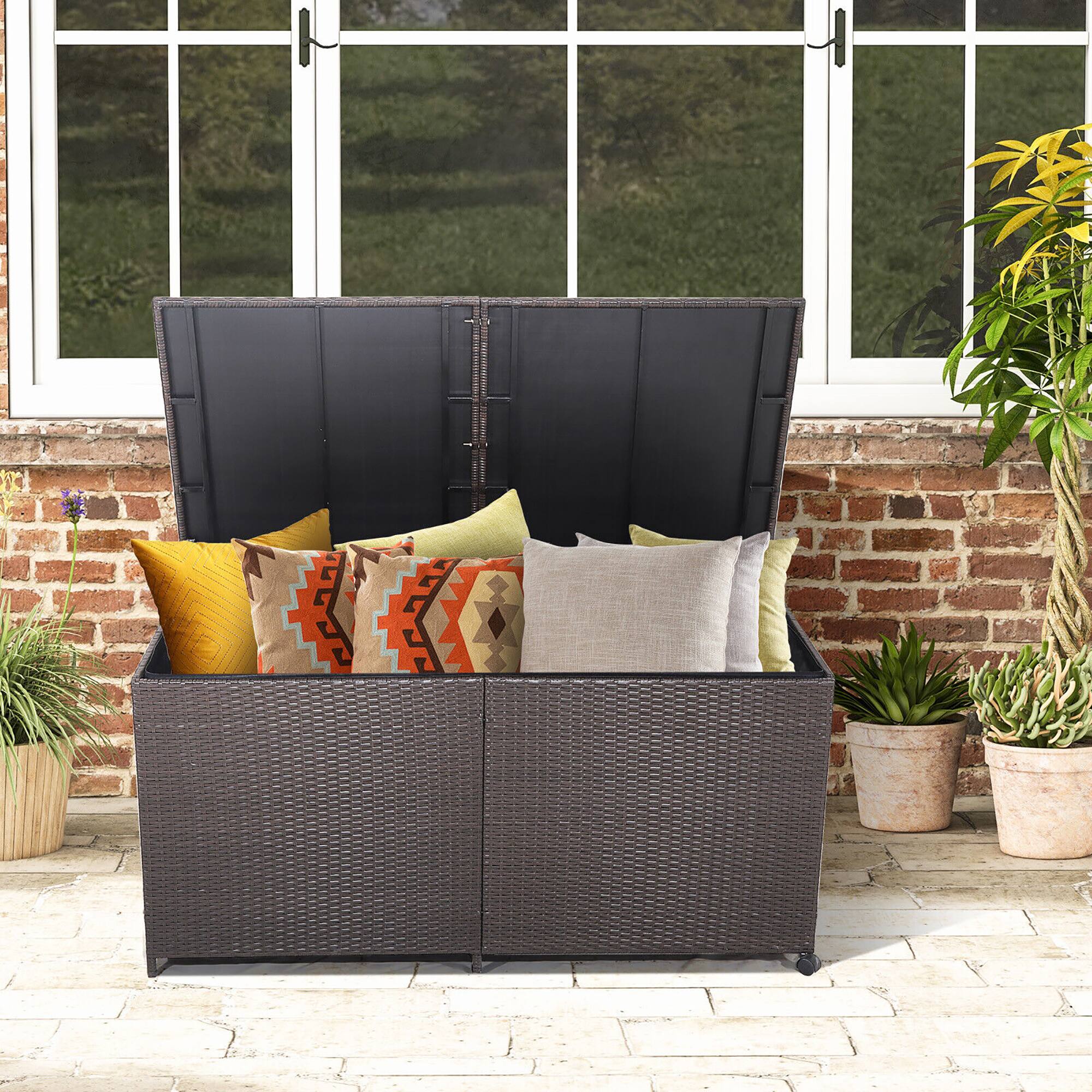 Alt View 2. Gymax - Gymax Patio 175 Gallon Rattan Wicker Storage Deck Box Container Wheels w/ Liner Garden - Mix Brown.