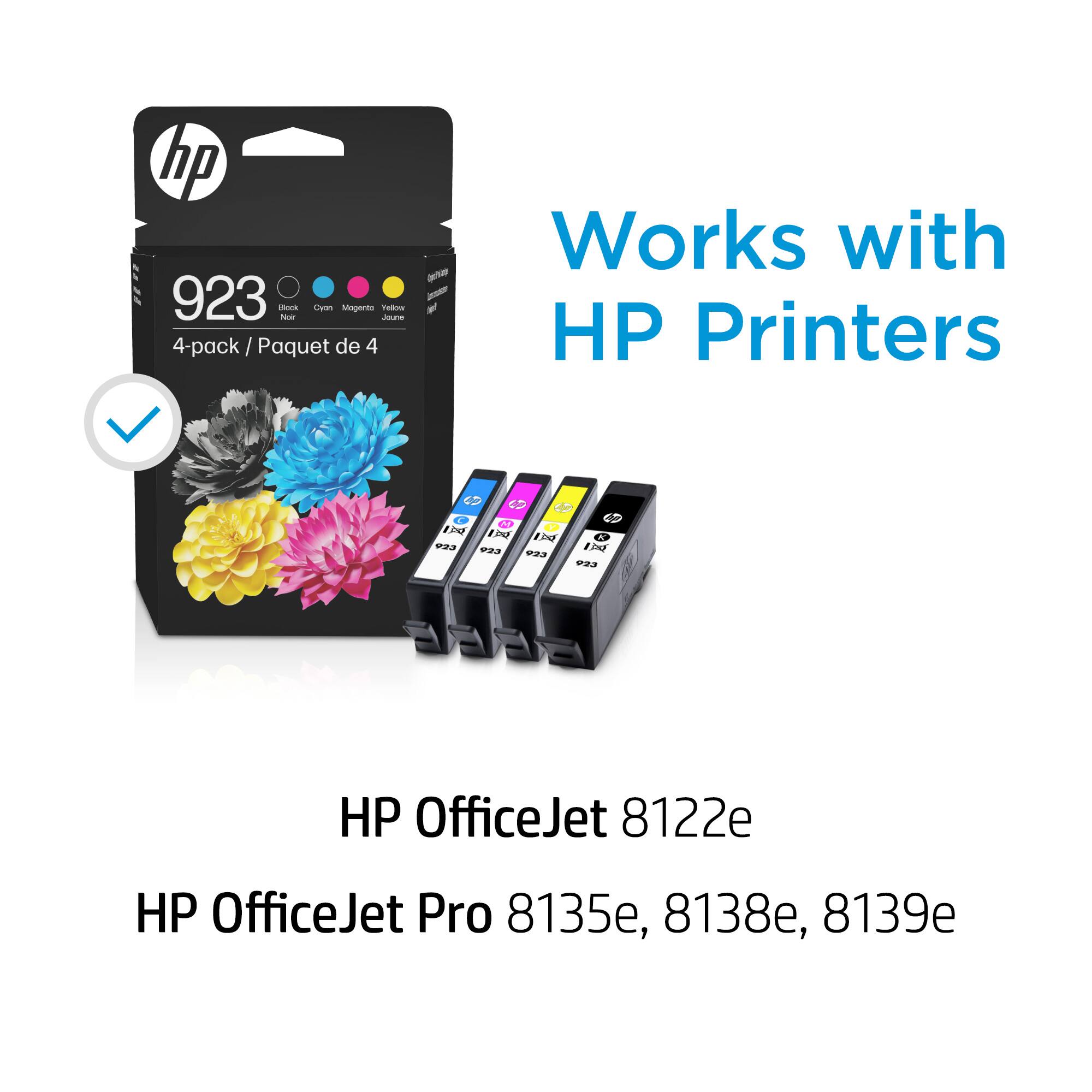 The text on the image reads: "Works with HP Printers / HP 923 Bc. Na Clusn Mapenta Ane Telor 4-pack / Paquet de 4 anuy - Works with HP Printers C G FN G 1 P23 P P33 HP OfficeJet 8122e HP OfficeJet Pro 8135e, 8138e, 8139e."