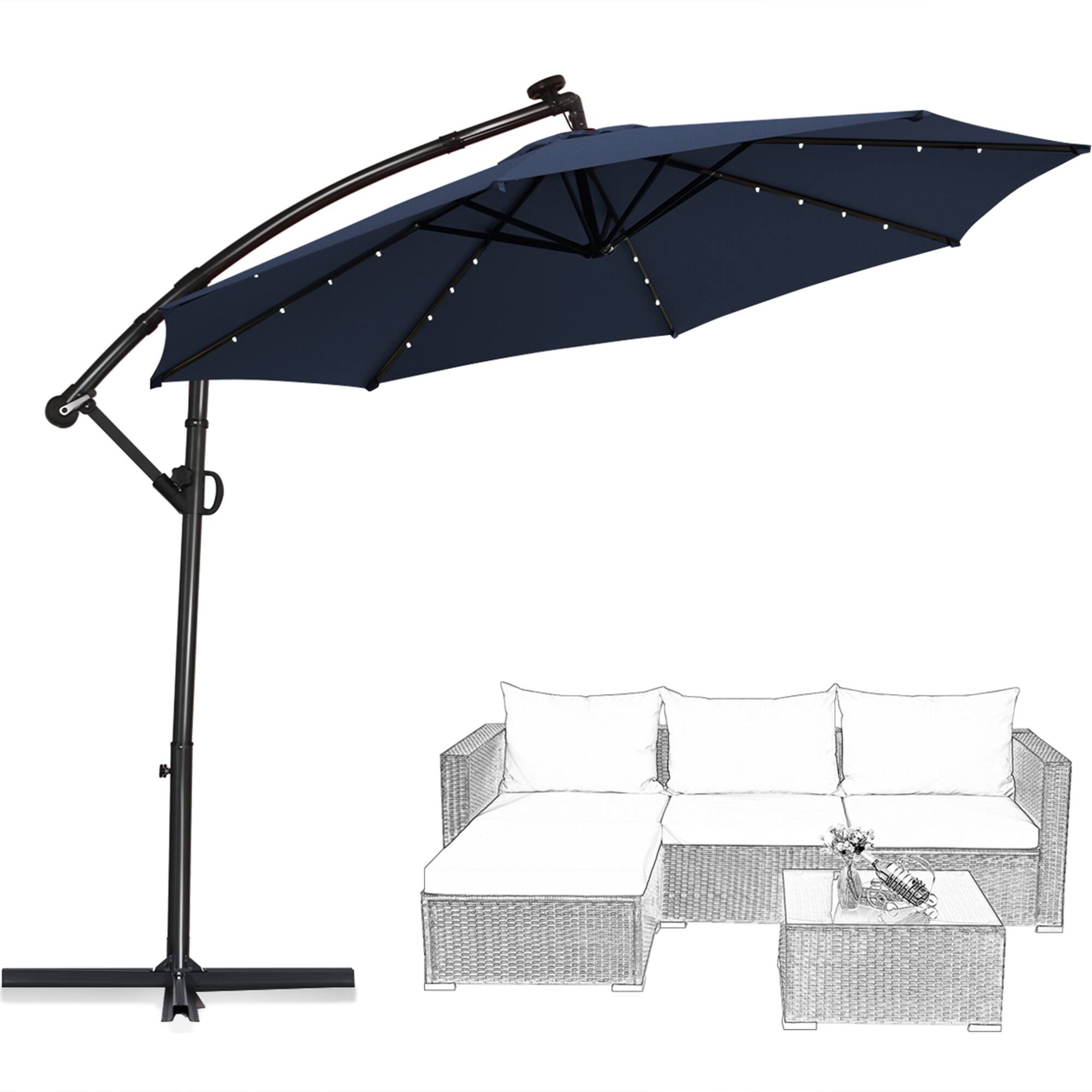 Alt View 2. Gymax - Gymax 10Ft Offset Hanging Umbrella Patio Outdoor w/ 32 Solar LED Lights Navy - Navy.