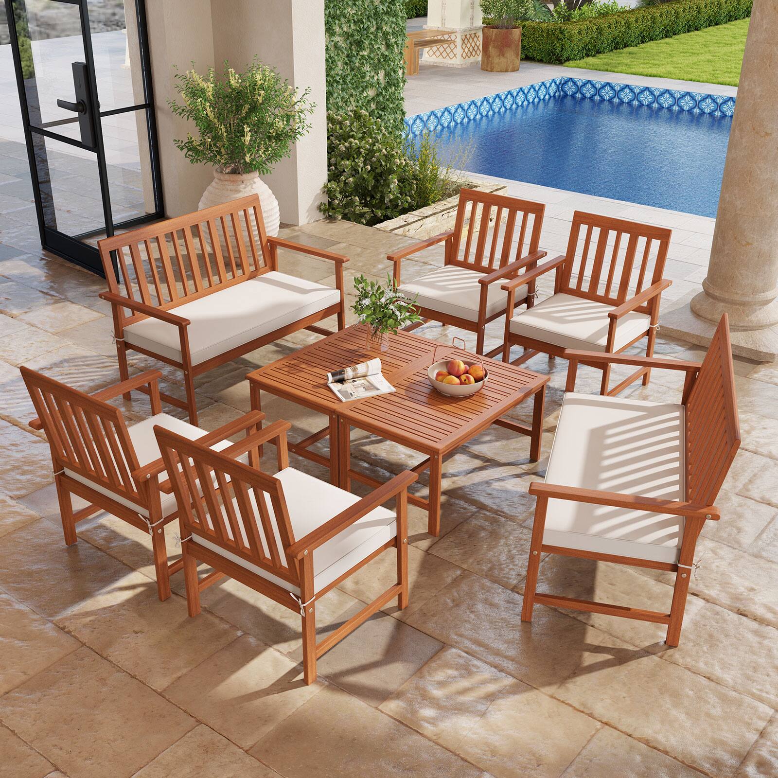 Alt View 1. Gymax - Gymax 8-Piece Acacia Wood Patio Conversation Set Outdoor Furniture Set w/ 4 Armchairs - Off White.