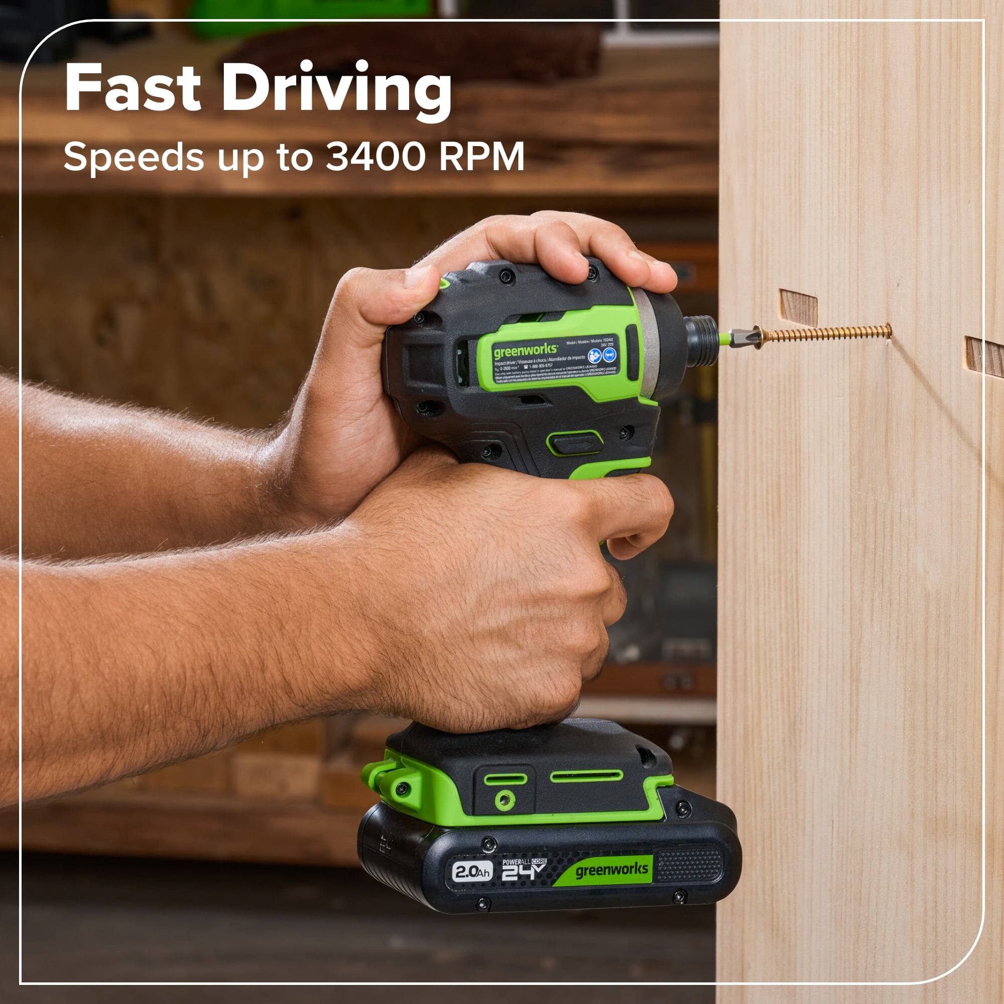 Fast Driving  
Speeds up to 3400 RPM  

Greenworks  
2.0Ah  
24V
