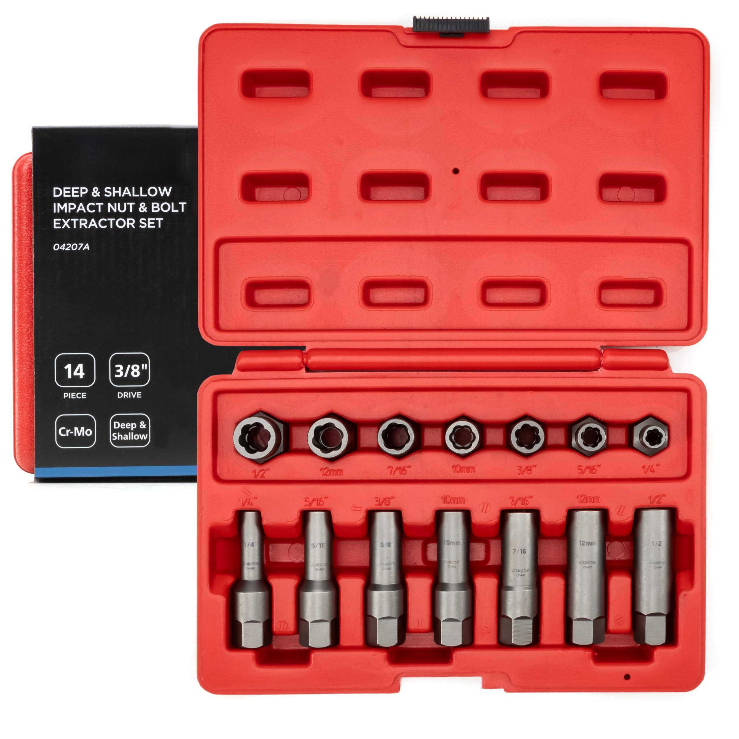 DEEP & SHALLOW IMPACT NUT & BOLT EXTRACTOR SET
04207A
14 PIECE
3/8" DRIVE
Cr-Mo
Deep & Shallow
12mm
7/16"
10mm
3/8"
5/16"
1/2"