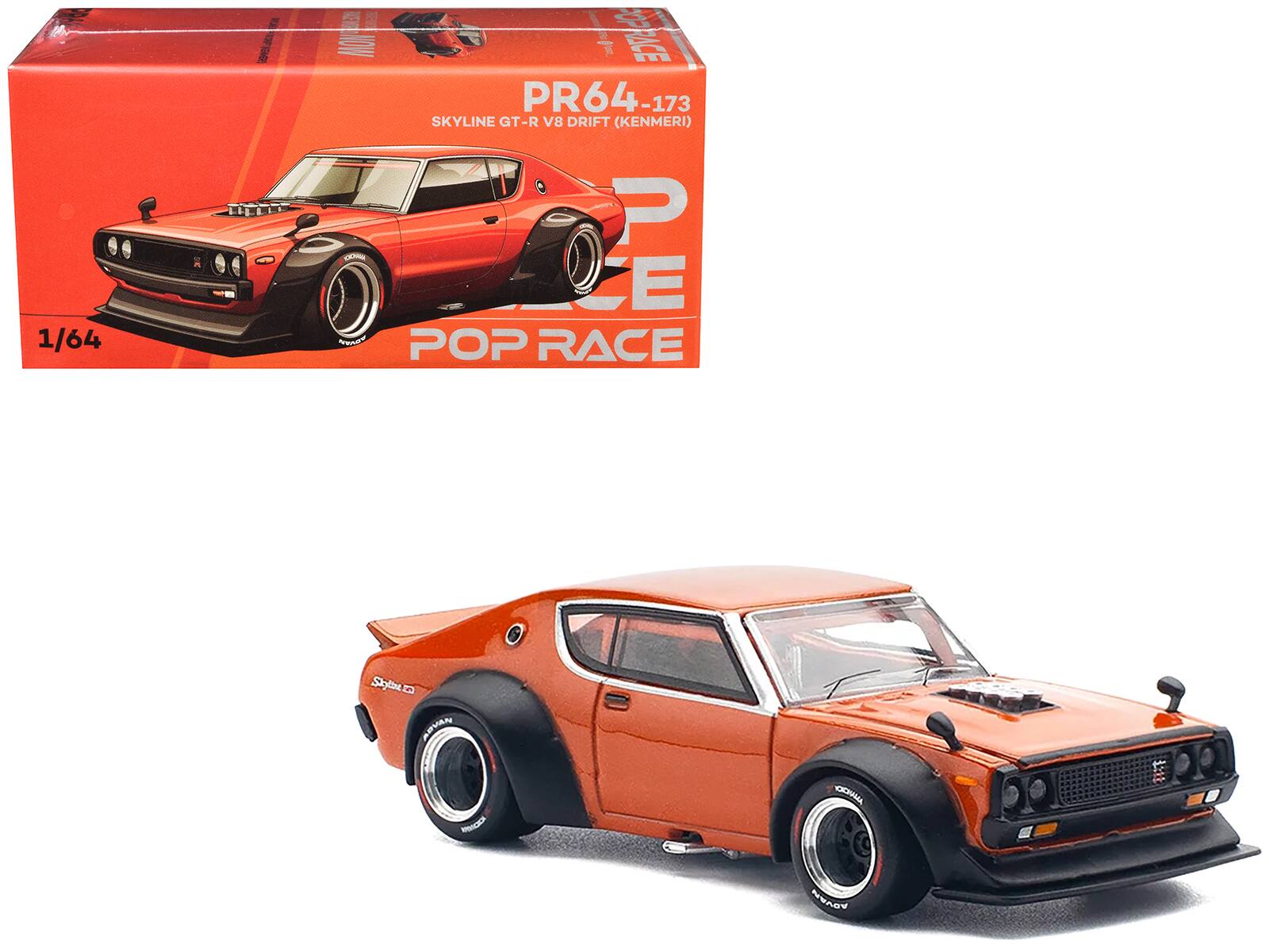 Skyline GT-R V8 Drift "Kenmeri" RHD (Right Hand Drive) 1/64 Diecast Model Car by Pop Race - Orange Metallic