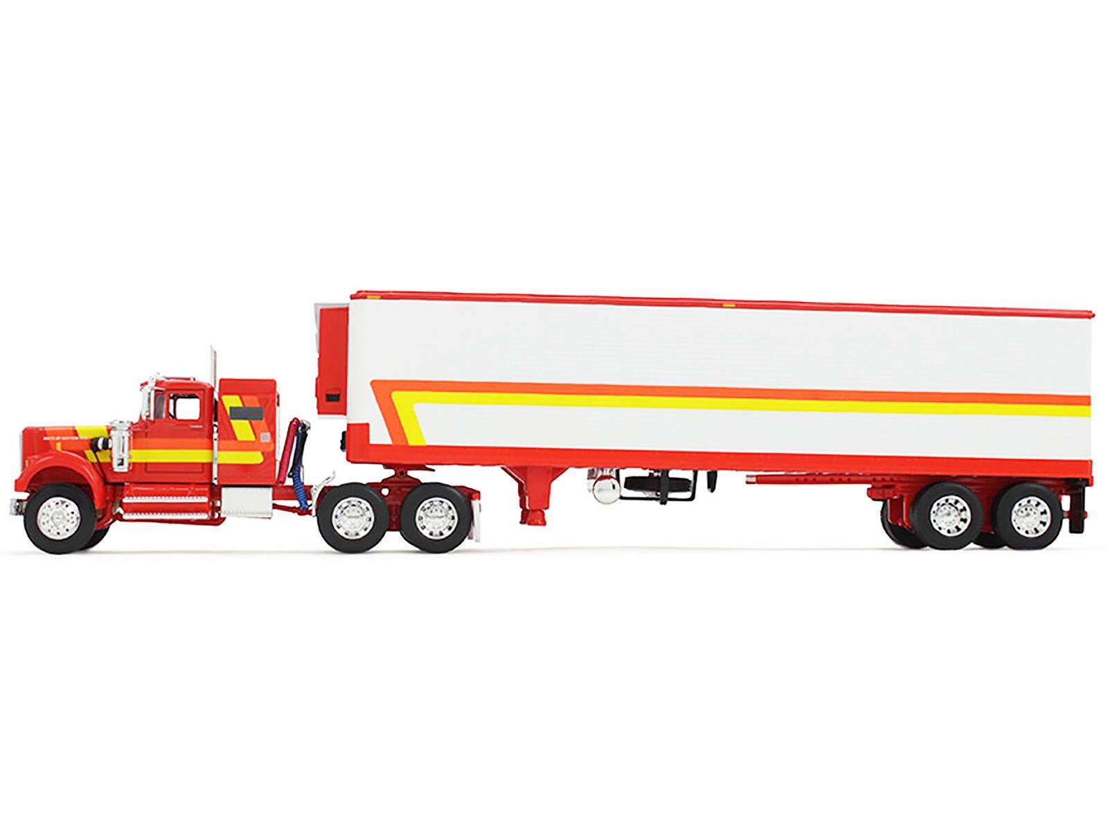 Left. First Gear - White Western Star 4900 w/ 36" Vintage Flat Top Sleeper & Wilson 40' Vintage Reefer Trailer Red/White 1/64 DCP - Red and White.