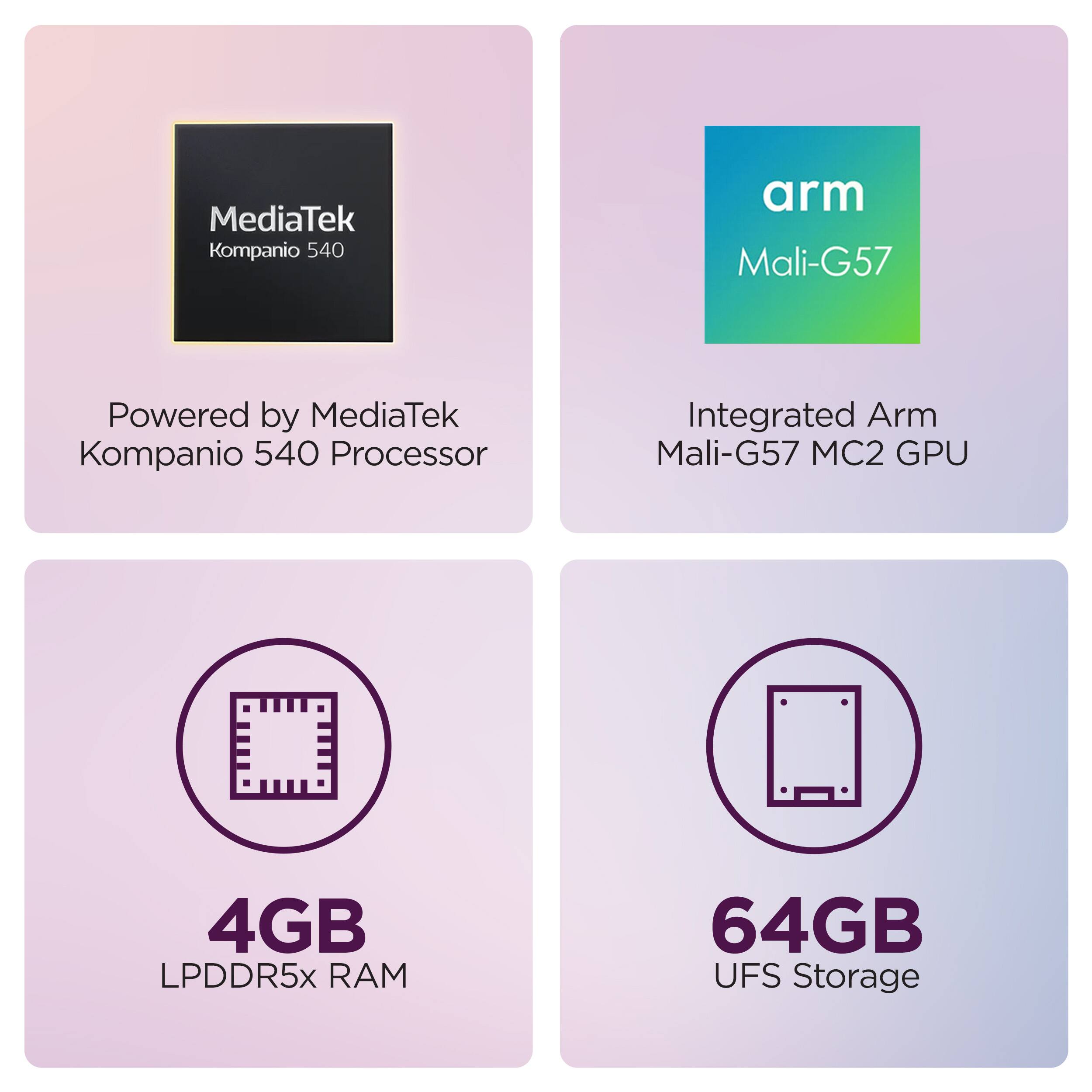 MediaTek Kompanio 540  
Powered by MediaTek Kompanio 540 Processor  
Integrated Arm Mali-G57 MC2 GPU  
4GB LPDDR5x RAM  
64GB UFS Storage