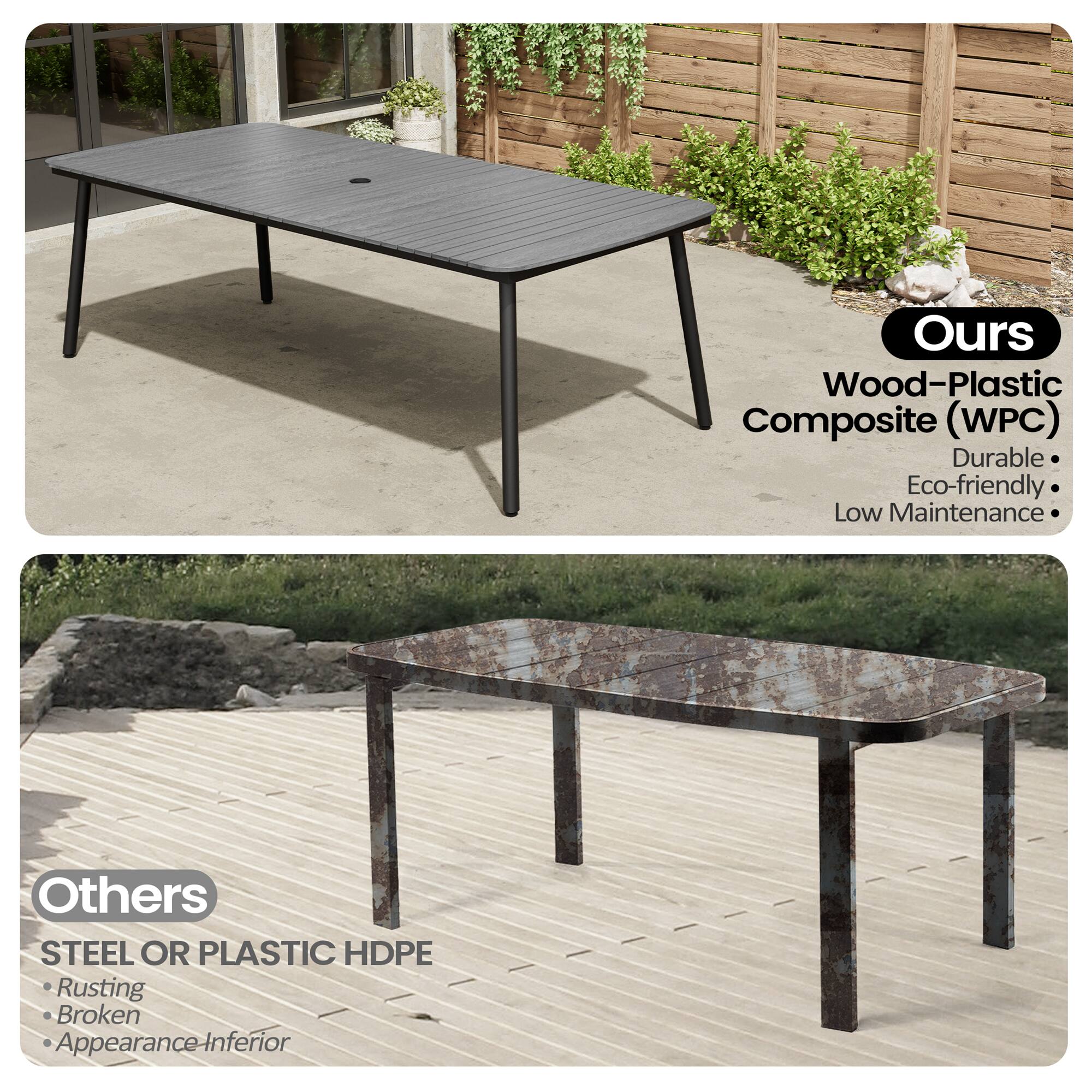 **Ours**

Wood-Plastic Composite (WPC)

- Durable
- Eco-friendly
- Low Maintenance

**Others**

STEEL OR PLASTIC HDPE

- Rusting
- Broken
- Appearance Inferior