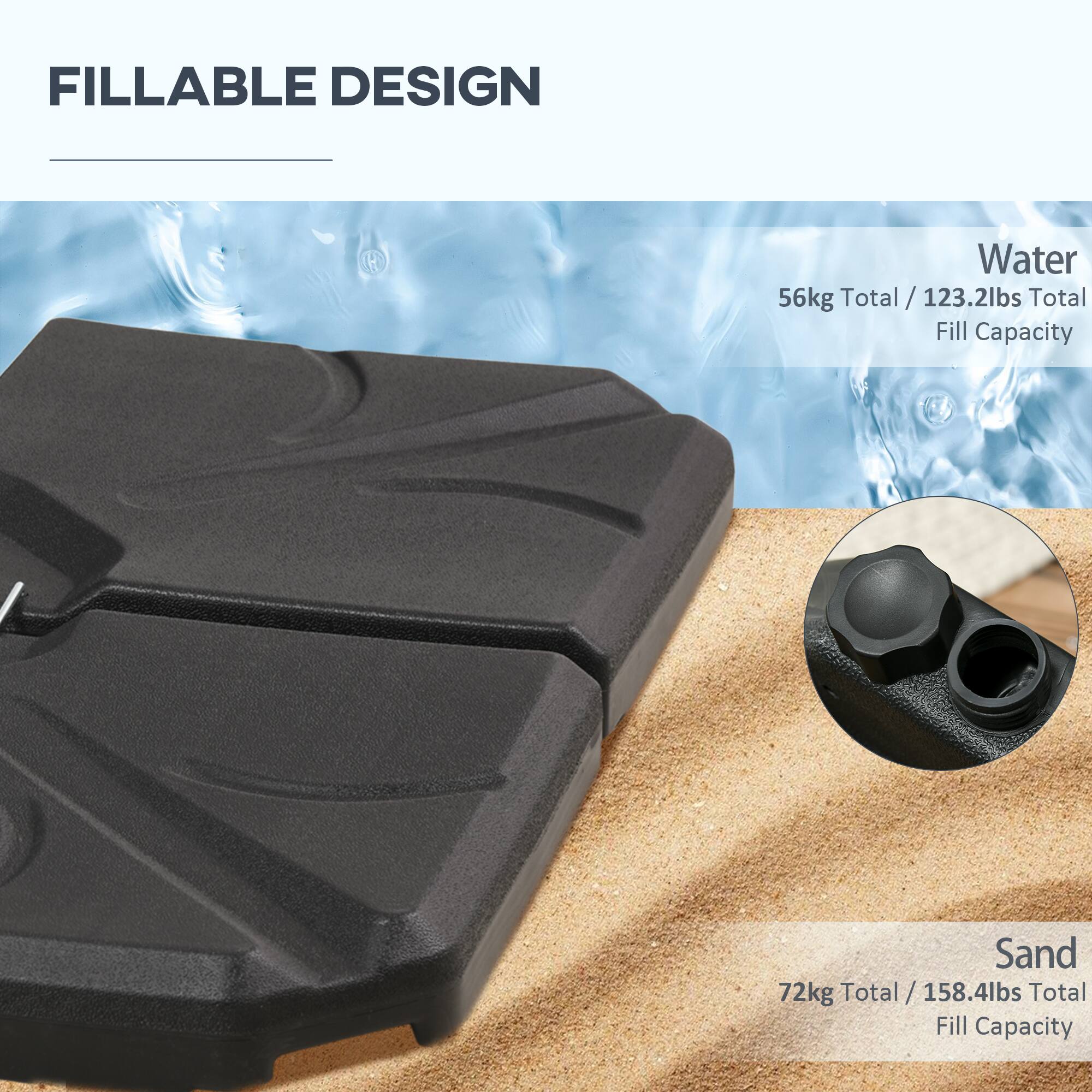FILLABLE DESIGN

Water  
56kg Total / 123.2lbs Total Fill Capacity

Sand  
72kg Total / 158.4lbs Total Fill Capacity