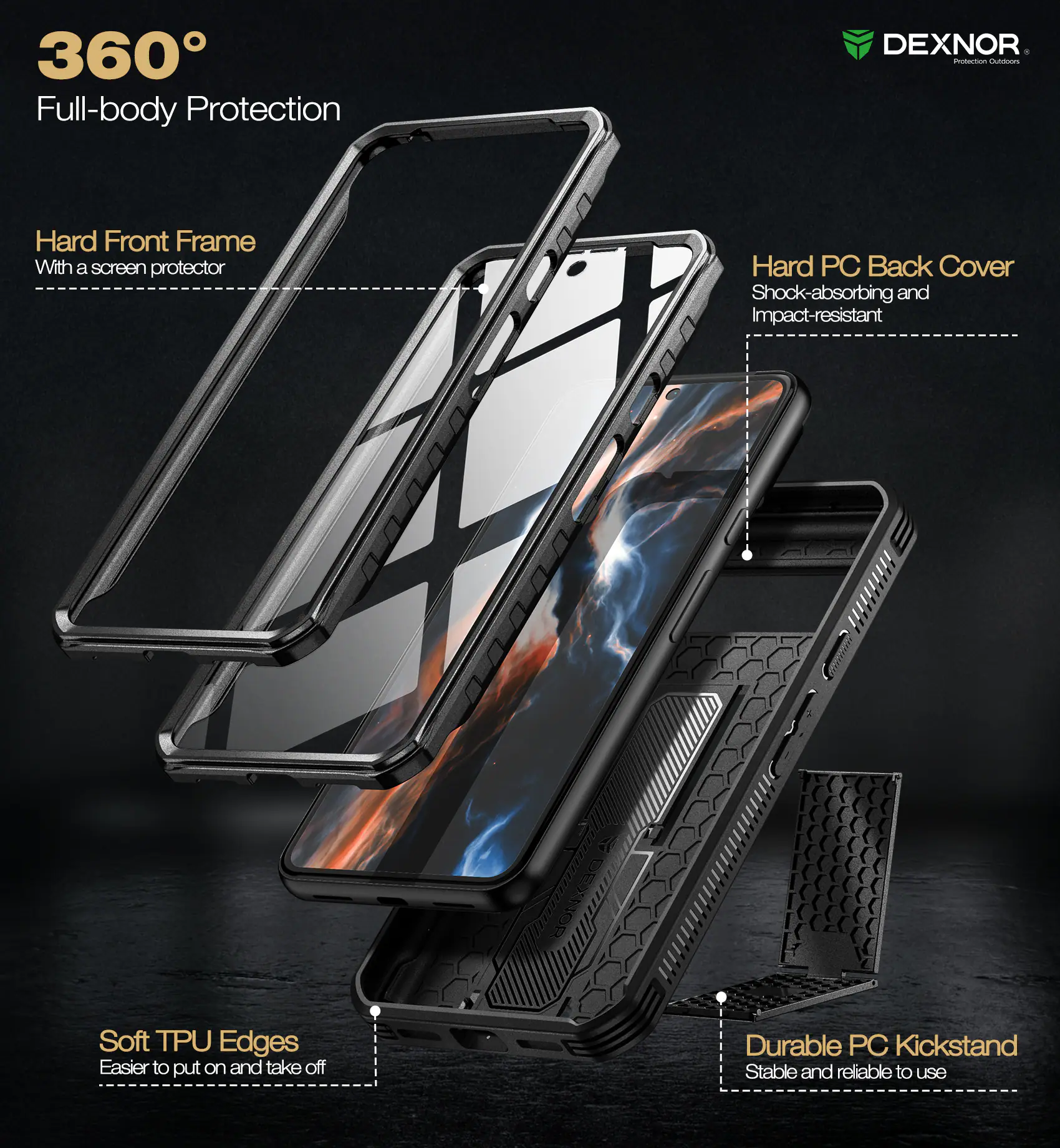 360° Full-body Protection

DEXNOR Pte Ltd

- Hard Front Frame
  With a screen protector

- Hard PC Back Cover
  Shock-absorbing and Impact-resistant

- Soft TPU Edges
  Easier to put on and take off

- Durable PC Kickstand
  Stable and reliable to use