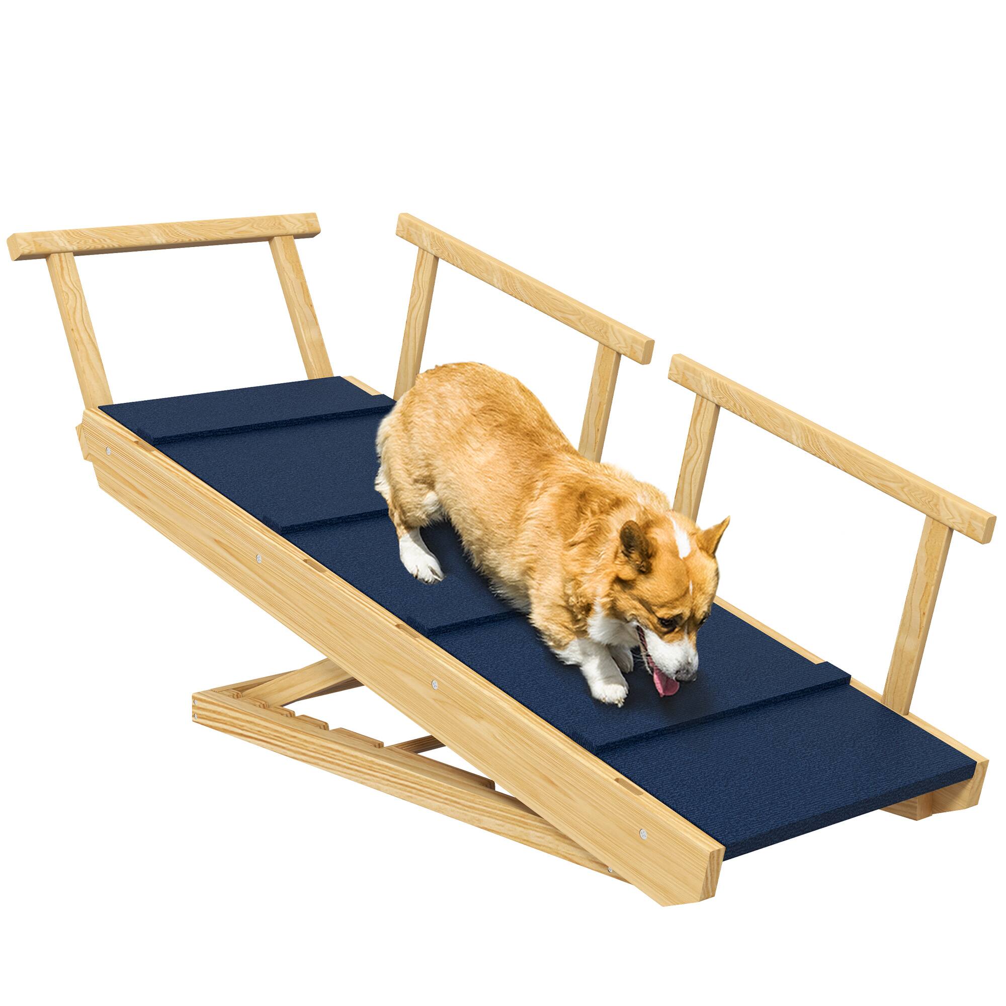 Front. Pawhut - Dog Ramp, Adjustable 4 Height, Foldable Wooden Stairs, Non-slip Mat, for Small to Large Dogs - Natural Wood.
