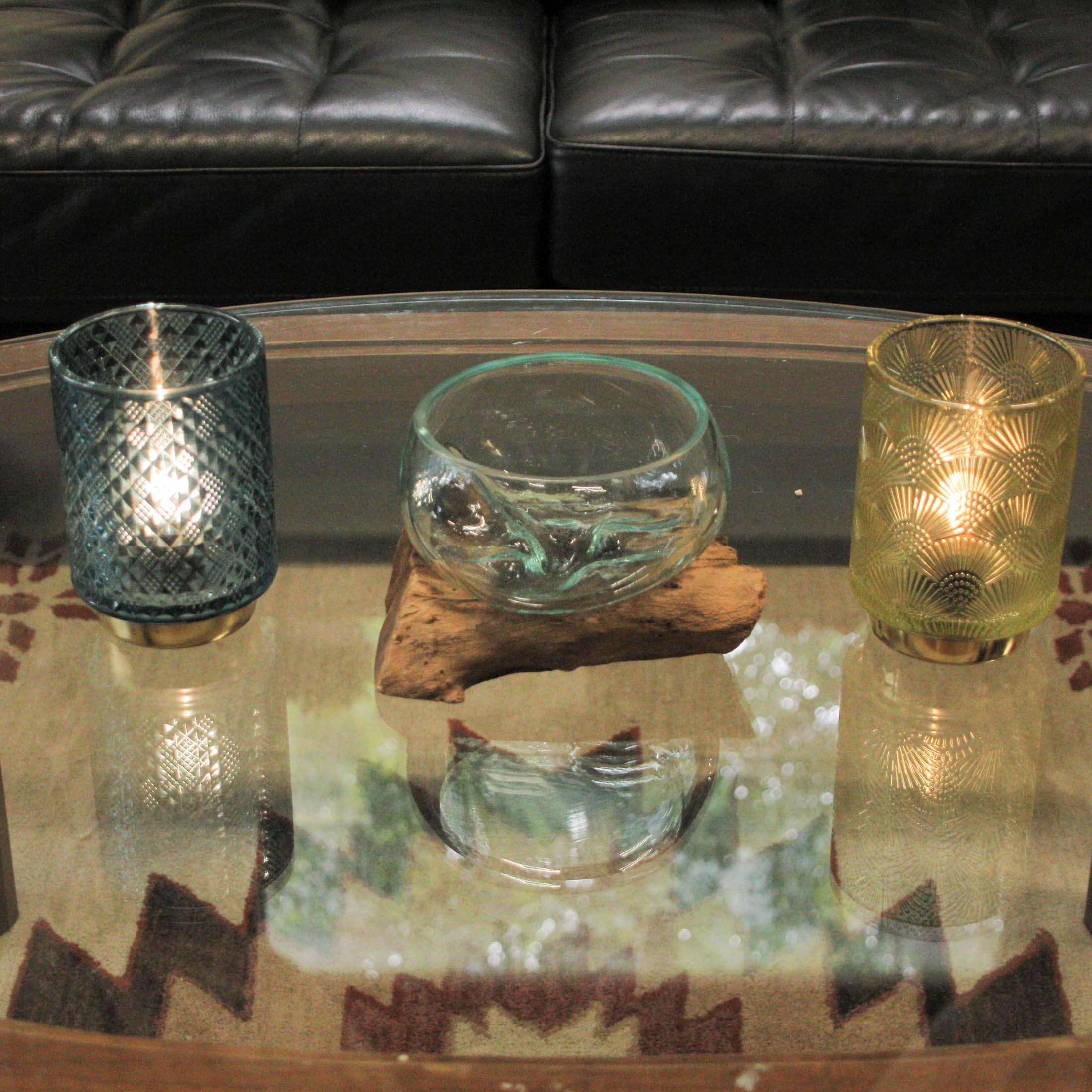Alt View 3. Chesapeake Bay - Medium Wide Molten Glass on Teak Driftwood Sculptural Vase and Bowl - Brown.