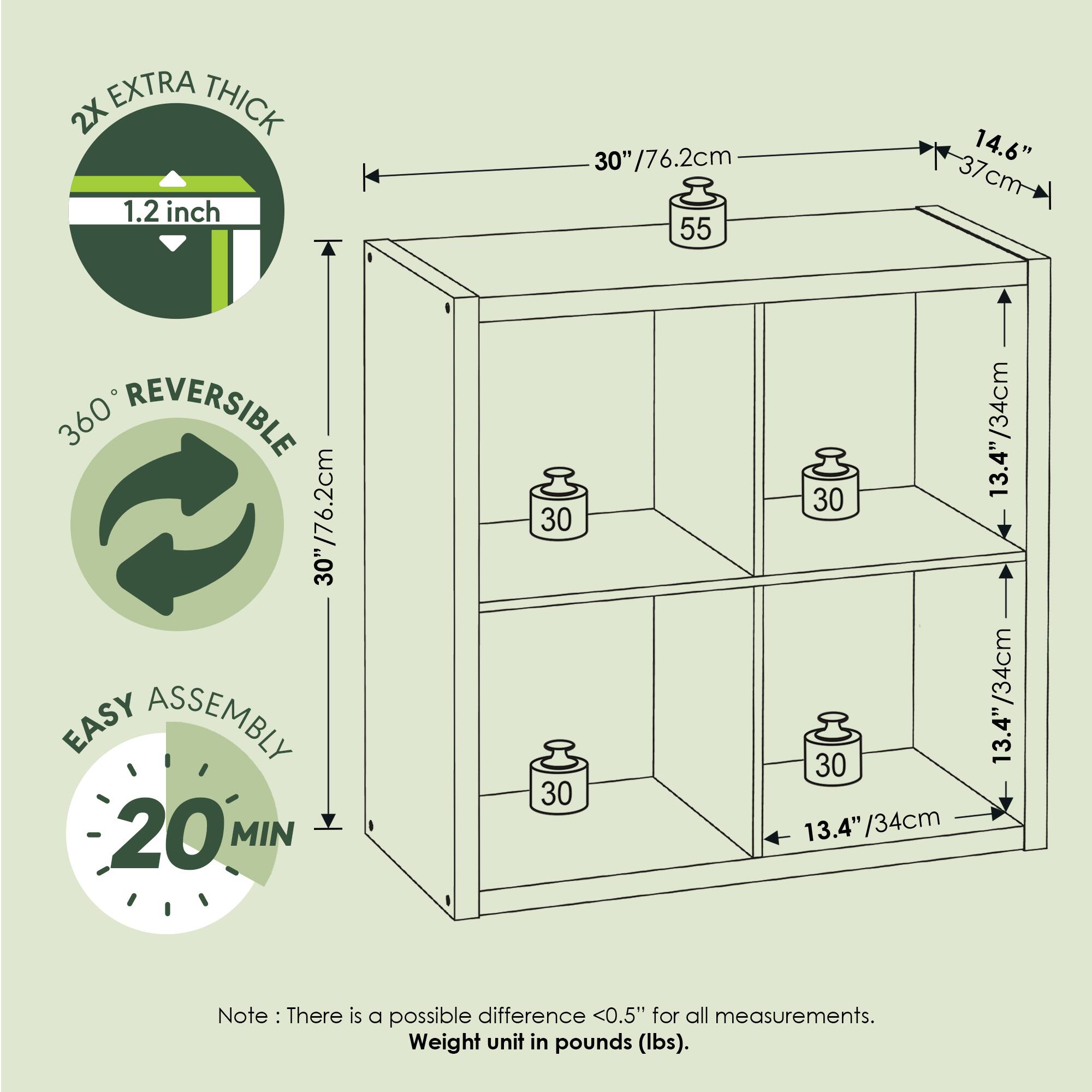 **2X EXTRA THICK**  
1.2 inch

**360° REVERSIBLE**  
30" / 76.2cm

**EASY ASSEMBLY**  
20 MIN

**Dimensions:**  
- Length: 30" / 76.2cm
- Width: 14.6" / 37cm
- Height: 30" / 76.2cm
- Shelf Depth: 13.4" / 34cm

**Note:** There is a possible difference <0.5" for all measurements.  
Weight unit in pounds (lbs).