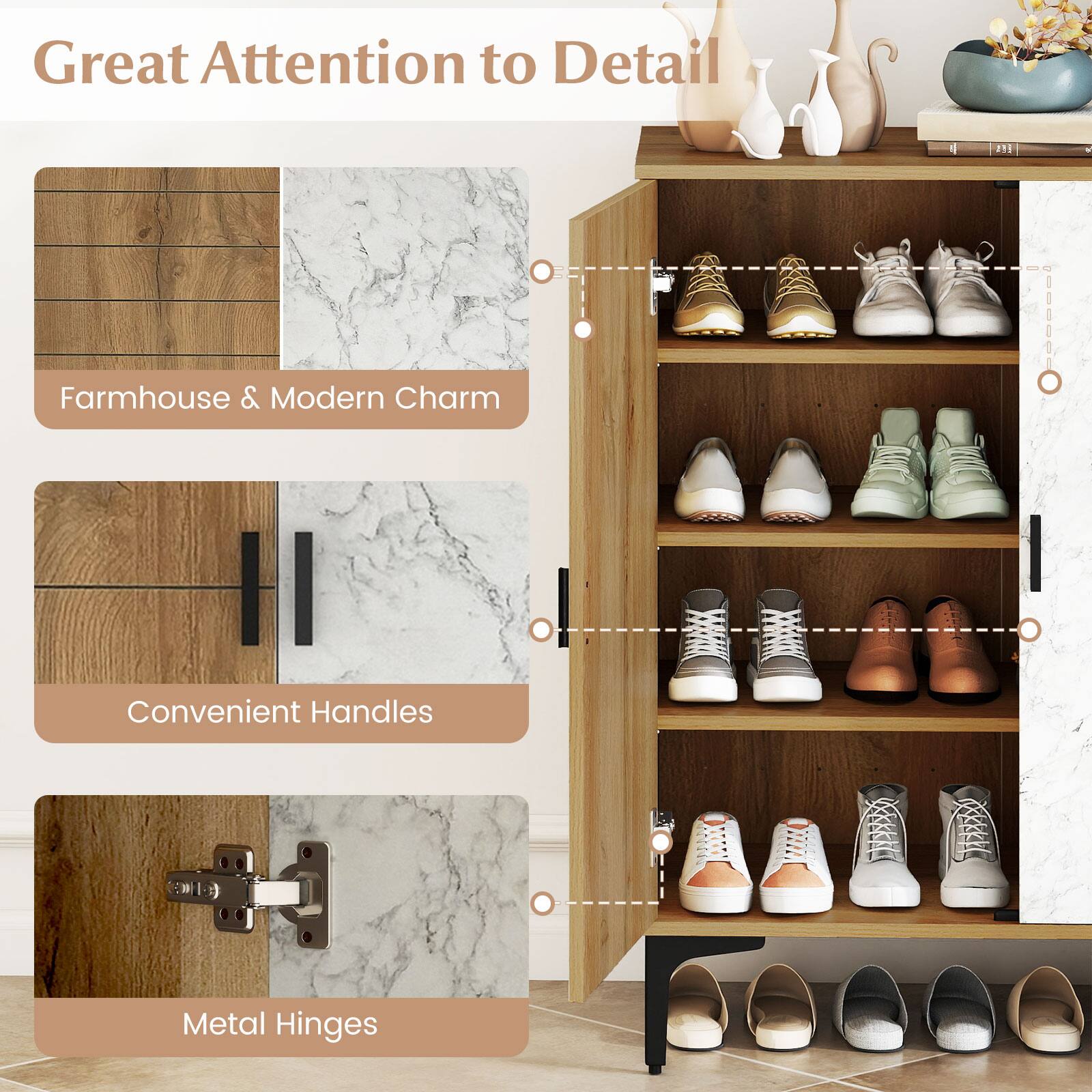 Great Attention to Detail

Farmhouse & Modern Charm

Convenient Handles

Metal Hinges