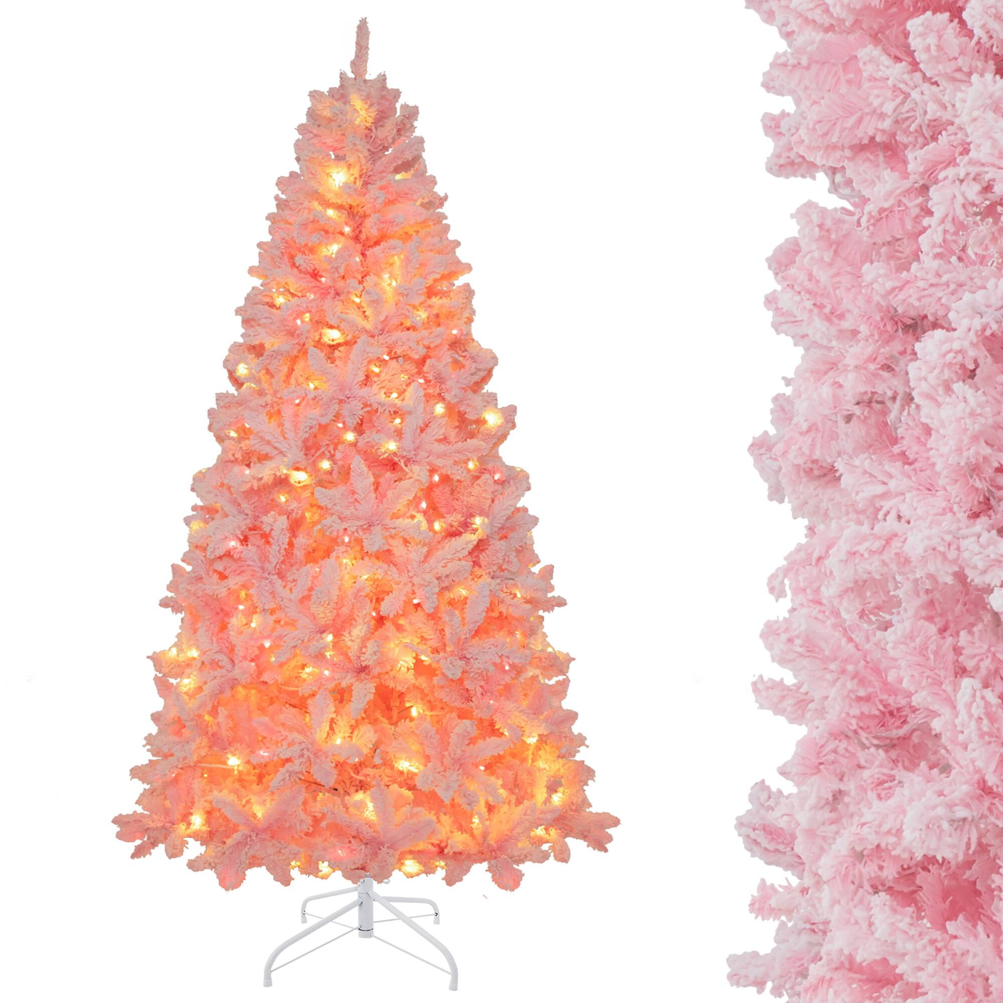 Alt View 9. Gymax - Gymax 7 FT Pre-Lit Artificial Christmas Tree Lighted Pink Snow Flocked Xmas Tree w/1200 Branch Tips & 500 LED Lights - Pink.