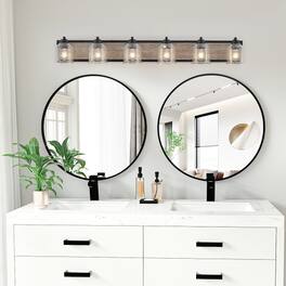 LUCKY ONE - 49in Wall Mount Vanity Light, 6-Light Farmhouse Wood Sconce with Seeded Glass Shades - Black
