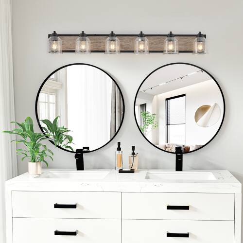 Front. LUCKY ONE - 49in Wall Mount Vanity Light, 6-Light Farmhouse Black Wood Sconce with Seeded Glass Shades - Black.