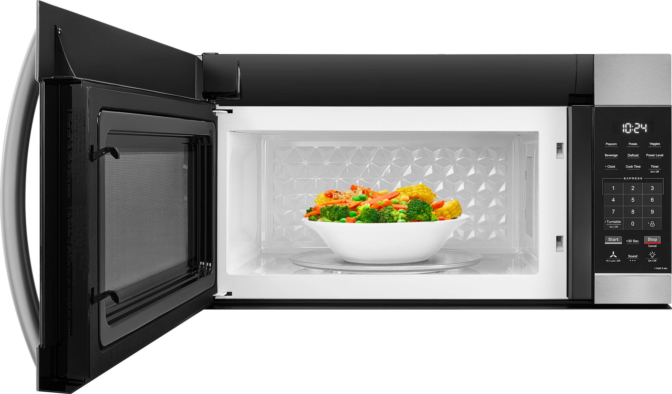 10:24  
Popcorn  
Potato  
Veggies  
Beverage  
Defrost  
Power Level  
- Clock  
- Cook Time  
- Timer  
- Tumble  
- On/Off  

EXPRESS  
1 2 3 4 5 6 7 8 9 0  

Start  
+30 Sec  
Stop  
Cancel  

Sound  
On/Off  
+3 Sec  

Tumble  
On/Off