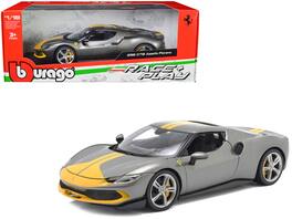 Ferrari 296 GTB Assetto Fiorano Gray Metallic with Yellow Stripes "Race + Play" Series 1/18 Diecast Model Car by Bburago - Grey and Yellow