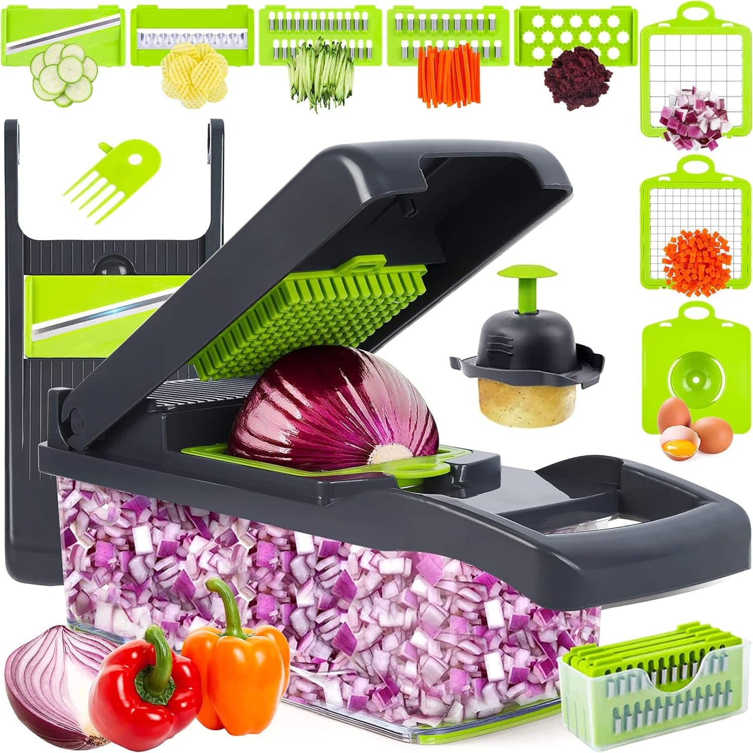 PARKER SLATER - 10-in-1 Vegetable Chopper with Mandoline Slicer, Onion Mincer, Cheese Grater, Colander Basket – /Green - Gray