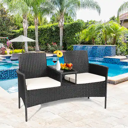 Front. Gymax - Gymax Cushioned Patio Rattan Seat Loveseat Sofa Table Chairs - Black.