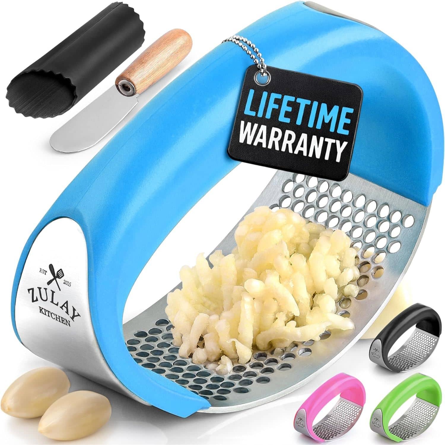 Zulay Kitchen - Stainless Steel Garlic Press Rocker with Peeler and Scraper - Blue
