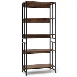 Costway - 1 PCS 5 Tier Bookshelf 62" Tall Bookcase with Tiltable Shelves Display Storage Rack - Brown