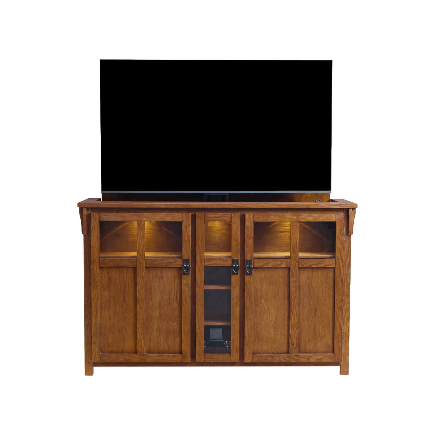 Left. Touchstone Home Products - The Bungalow by Touchstone - Smart Motorized TV Lift Cabinet for Flat Screen TVs up to 65 Inches - Mission Chestnut.