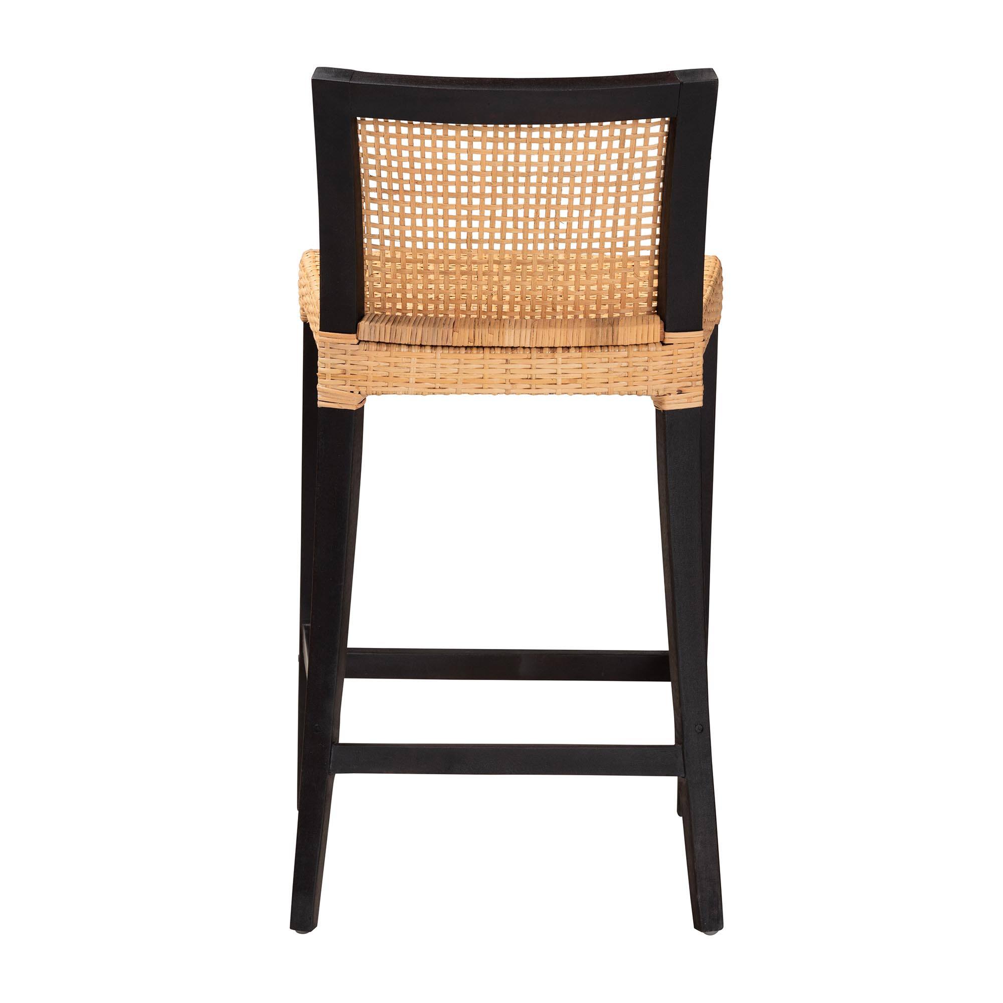 Back. bali & pari - Lingga Modern Bohemian Mahogany Wood and Natural Rattan Counter Stool - Dark Brown/Natural Brown.