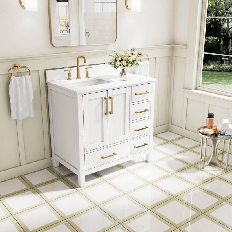 Left. WELLFOR - 36 in Bathroom Vanity with Sink, Freestanding Solid Wood Bathroom Cabinet with 2 Doors& 5 Drawers,Brushed Gold Handle - White.