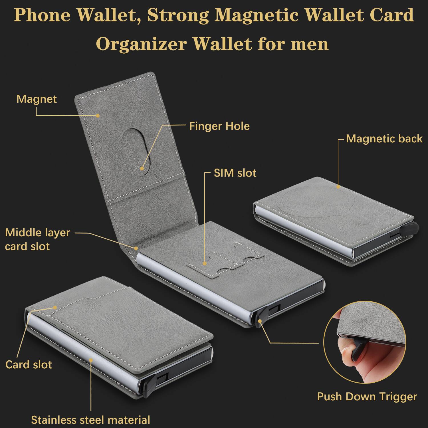 Phone Wallet, Strong Magnetic Wallet Card Organizer Wallet for men

- Magnet
- Finger Hole
- SIM slot
- Magnetic back
- Middle layer card slot
- Card slot
- Stainless steel material
- Push Down Trigger
