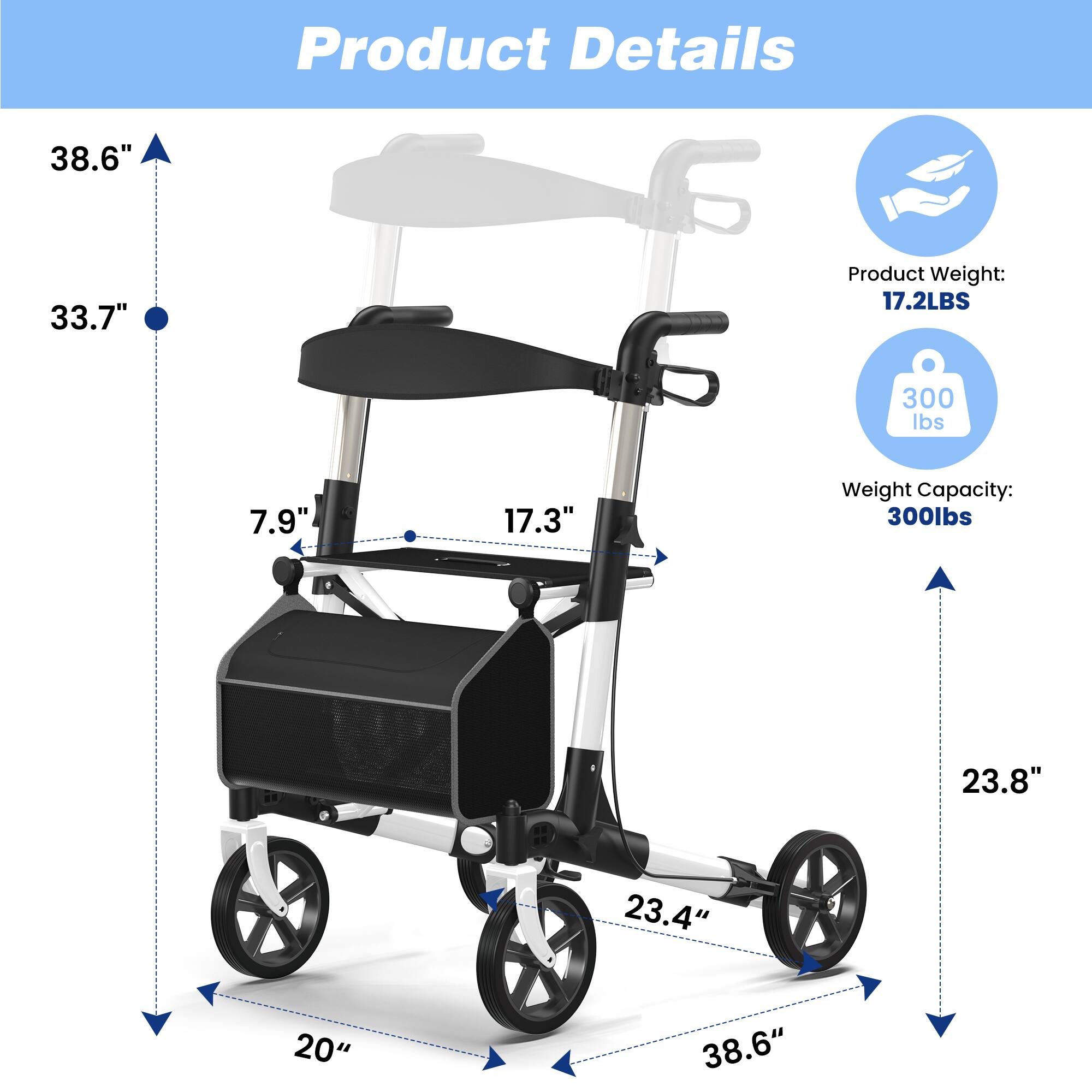 Product Details

- Product Weight: 17.2LBS
- Weight Capacity: 300lbs

Dimensions:
- Height: 38.6"
- Width: 33.7"
- Depth: 23.8"
- Seat Height: 17.3"
- Seat Width: 17.3"
- Seat Depth: 20"
- Base Width: 38.6"
- Base Depth: 23.4"
- Handle Height: 38.6"
- Handle Width: 7.9"
