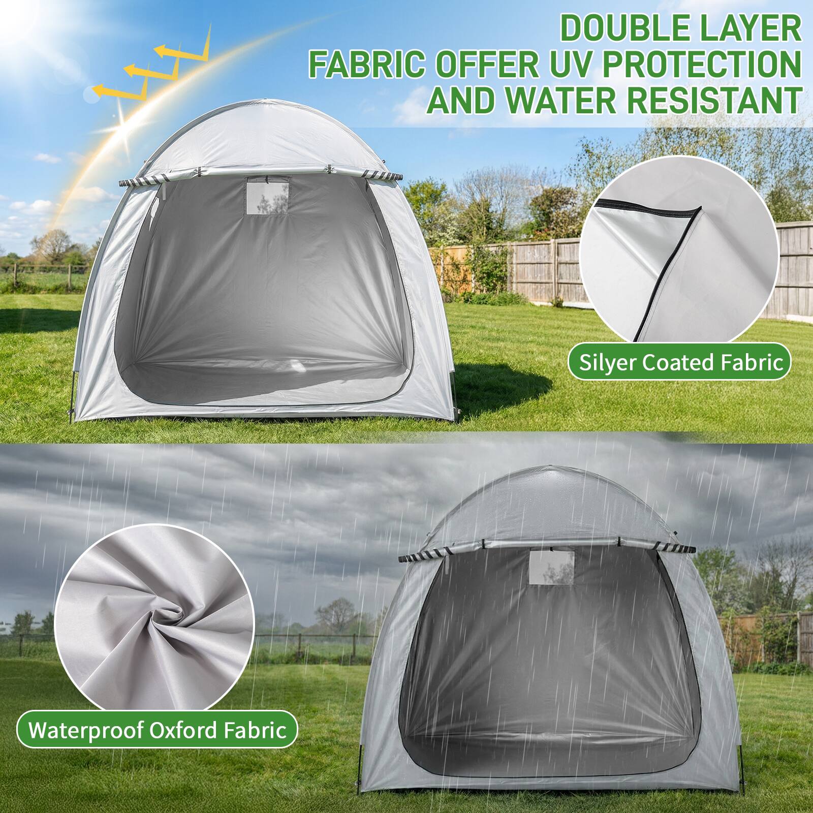 DOUBLE LAYER FABRIC OFFER UV PROTECTION AND WATER RESISTANT  
Silyer Coated Fabric  
Waterproof Oxford Fabric