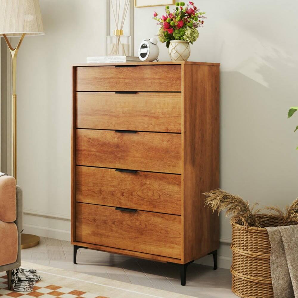 Back. Kadyn - Storage Dresser,Chest of Drawers,5-Drawer Dresser with Interlock System for Bedroom Living Room-Cherry - Brown.