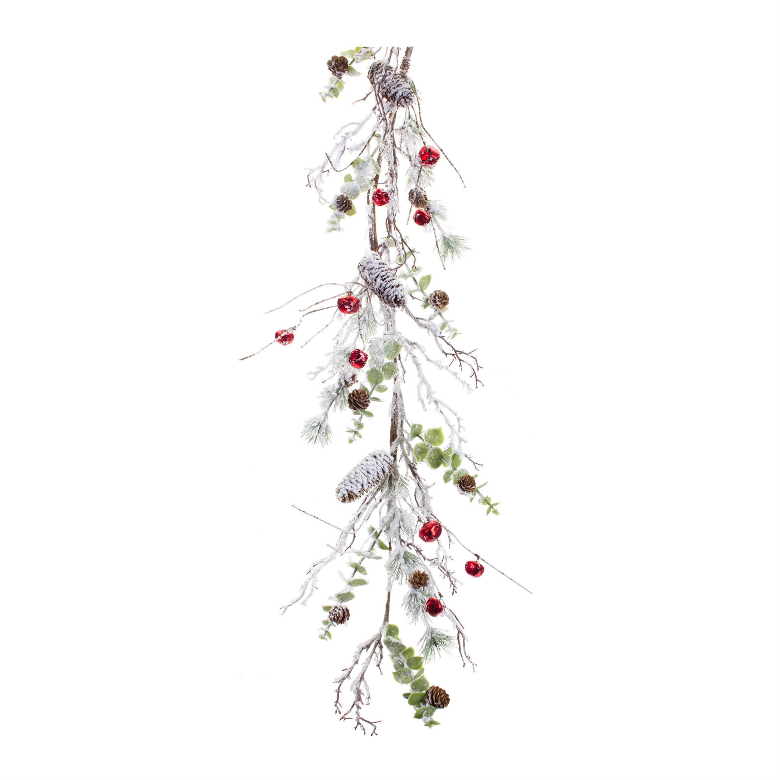 Left. BreeBe - Snowy Flocked Twig Pine Garland with Sleigh Bells (Set of 2) - White, Red, Green.