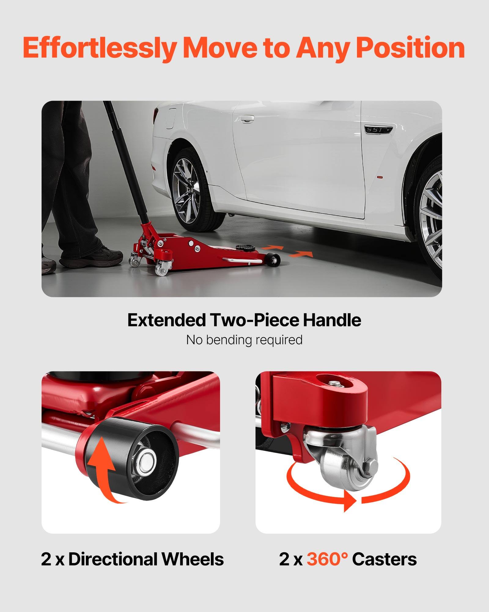 Effortlessly Move to Any Position

Extended Two-Piece Handle
No bending required

2 x Directional Wheels

2 x 360° Casters