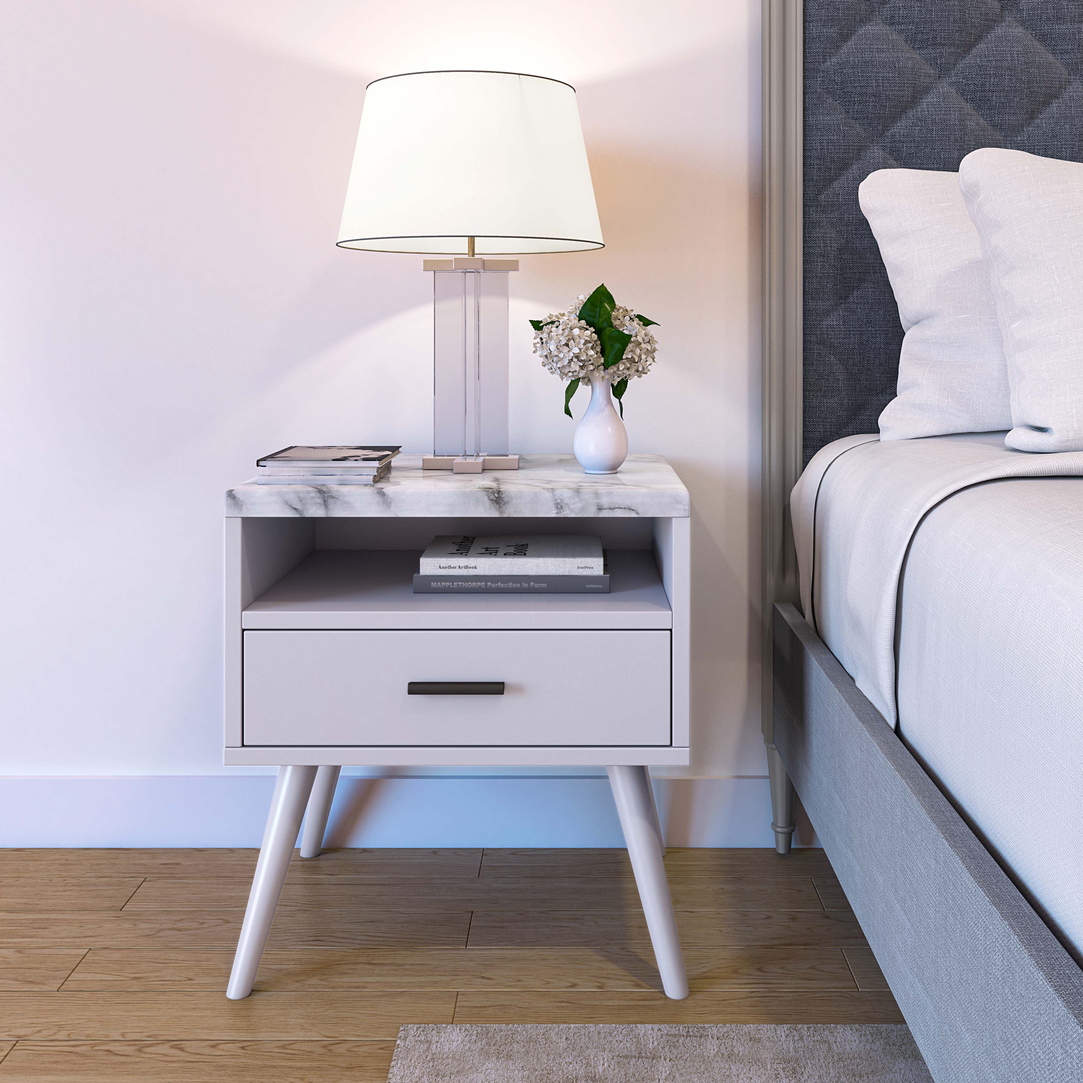 Alt View 1. Boyd Sleep - Boyd Sleep 21.6" Faux Marble Top Marcello Mid Century Nightstand - White.