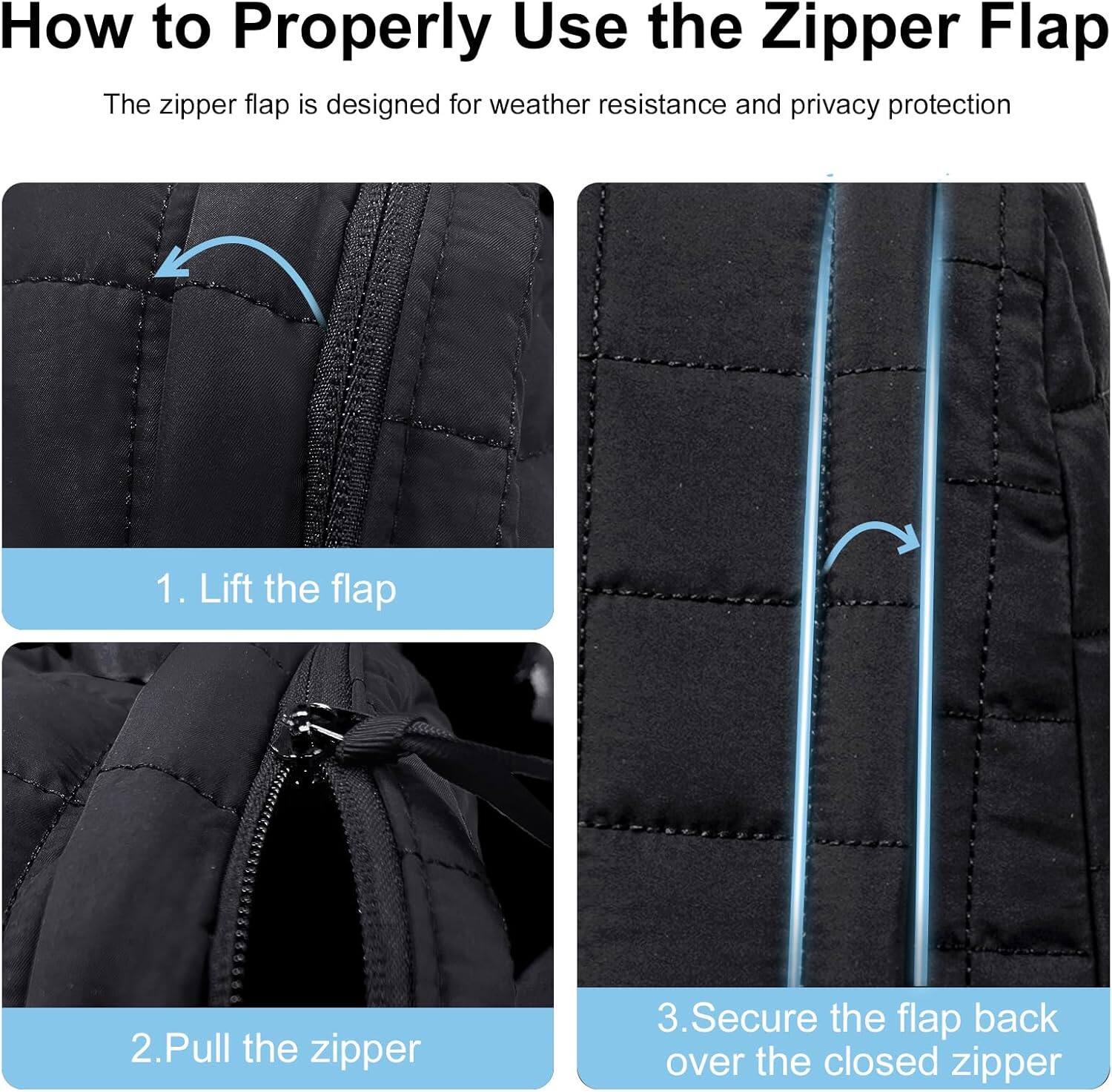 How to Properly Use the Zipper Flap

The zipper flap is designed for weather resistance and privacy protection

1. Lift the flap
2. Pull the zipper
3. Secure the flap back over the closed zipper