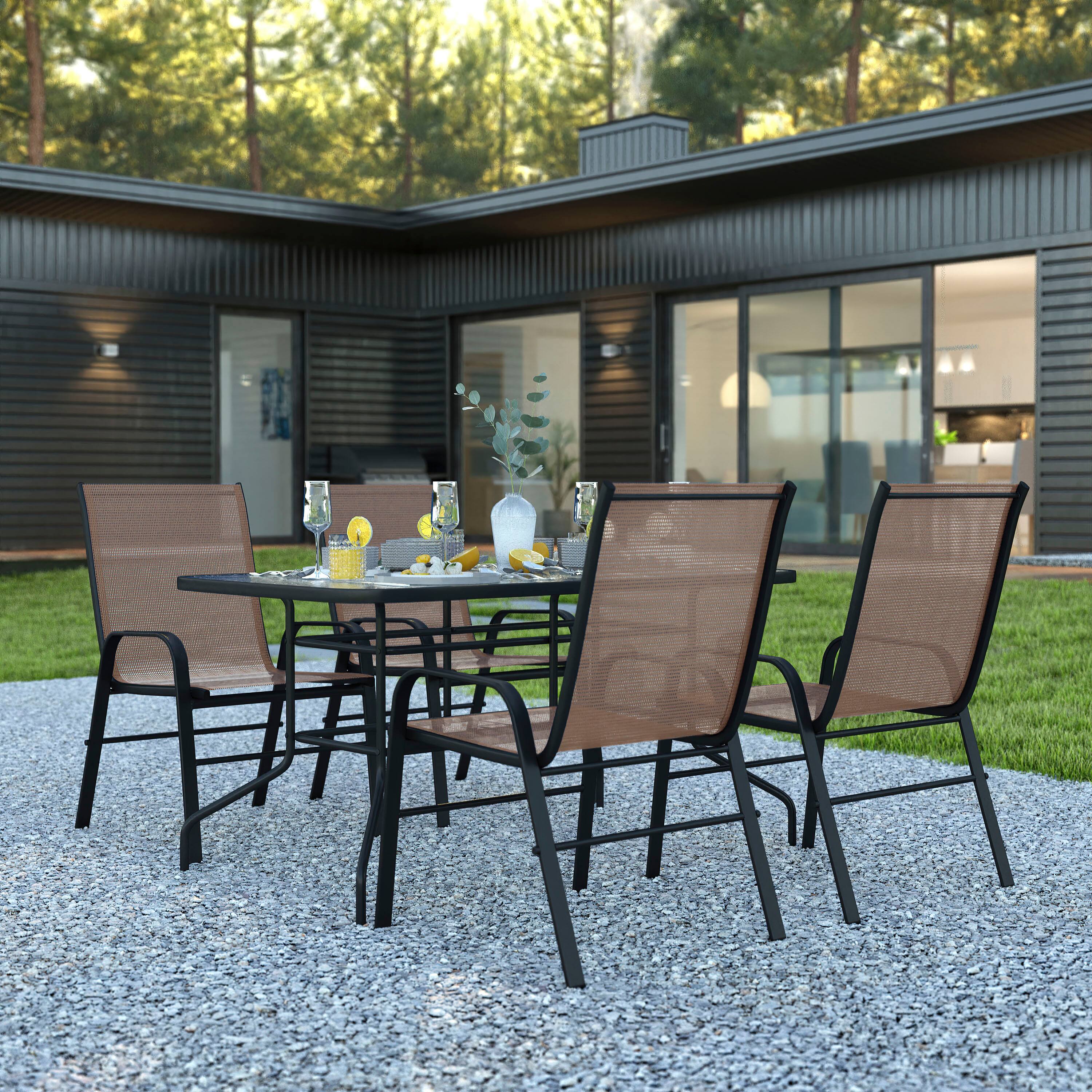Alt View 1. Emma + Oliver - Five Piece Patio Table Set with Metal Table with Tempered Glass Top and 4 Flex Comfort Stacking Chairs - Brown.