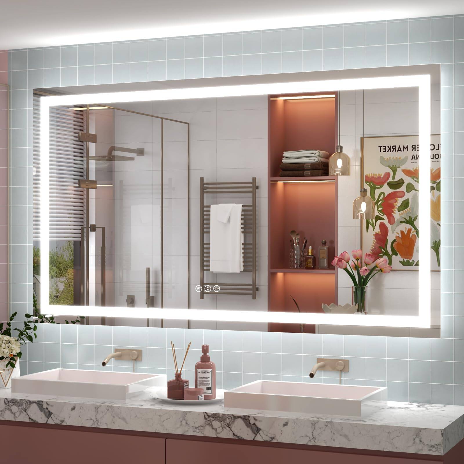 Front. Earthley Blooms - Led Lighted Bathroom Mirror 24x 32 Dimmable Vanity With Lights Anti-fog Etl Listed backlit And Front Lighted - 68"L x 40"W.