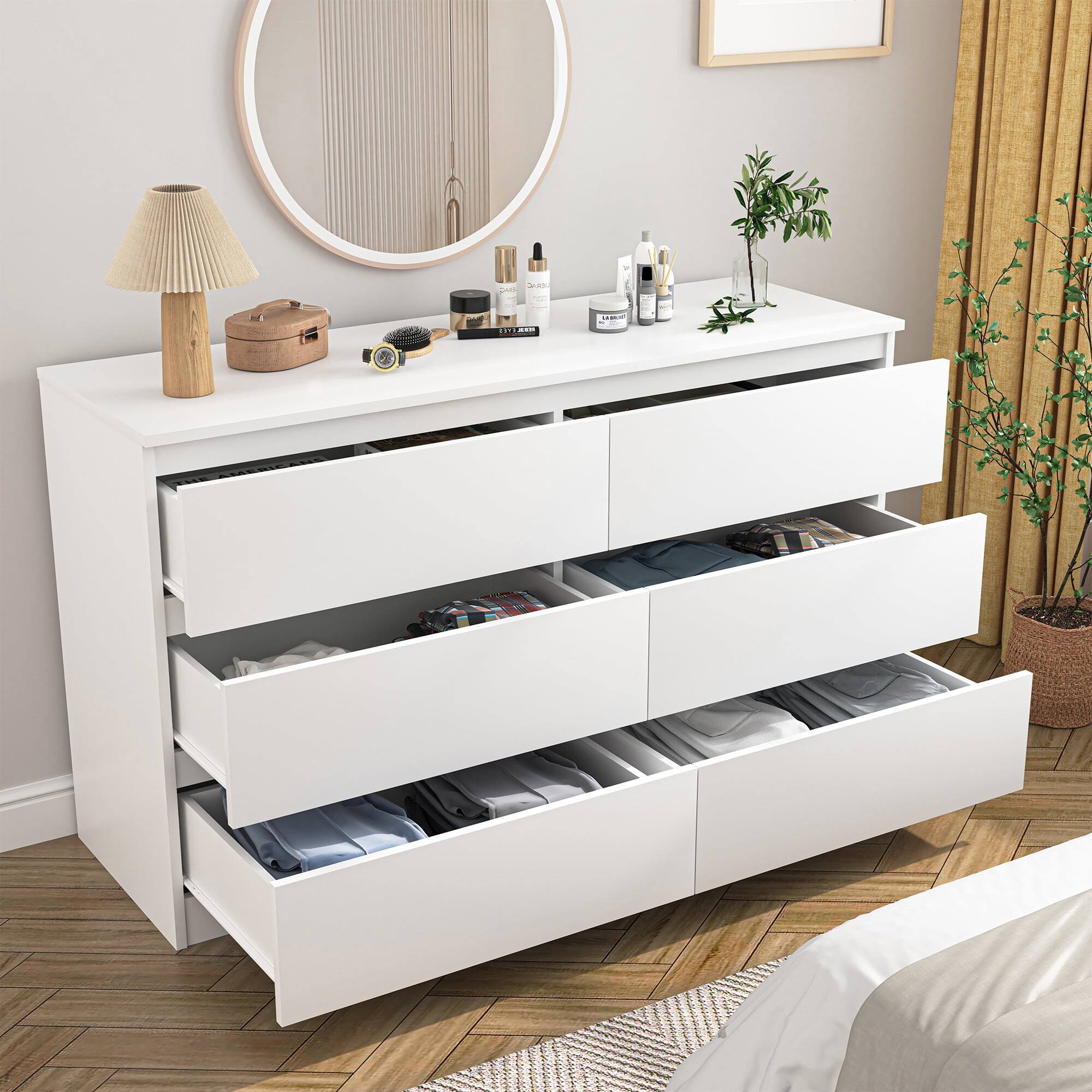 Alt View 2. Kadyn - Modern Mid Century 6 Drawer Wide Dressers Chests for Bedroom, Chest of Drawer Organizer - White.