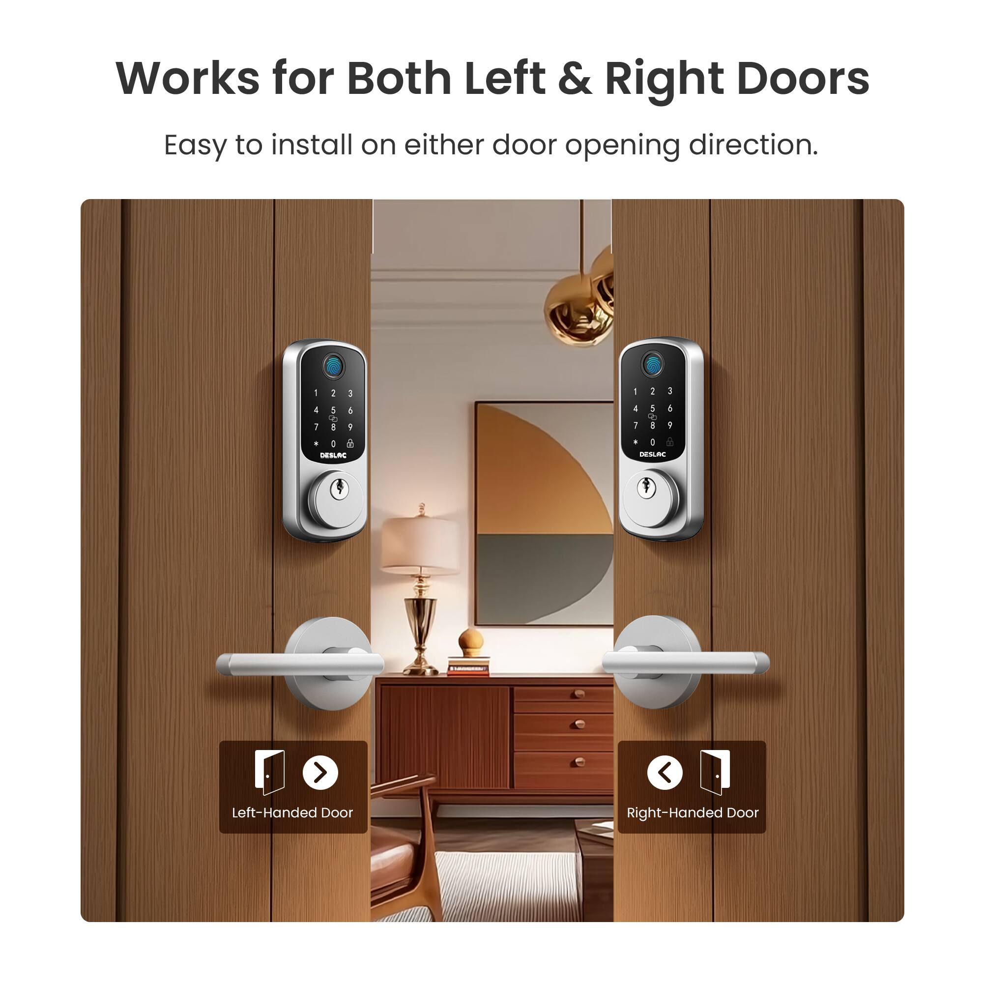 Works for Both Left & Right Doors  
Easy to install on either door opening direction.  

Left-Handed Door  
Right-Handed Door