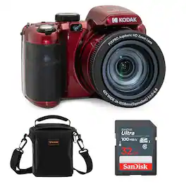 Bundle - Kodak - PIXPRO AZ425 Astro Zoom 20MP FHD Digital Camera, Red w/32GB Card, Bag