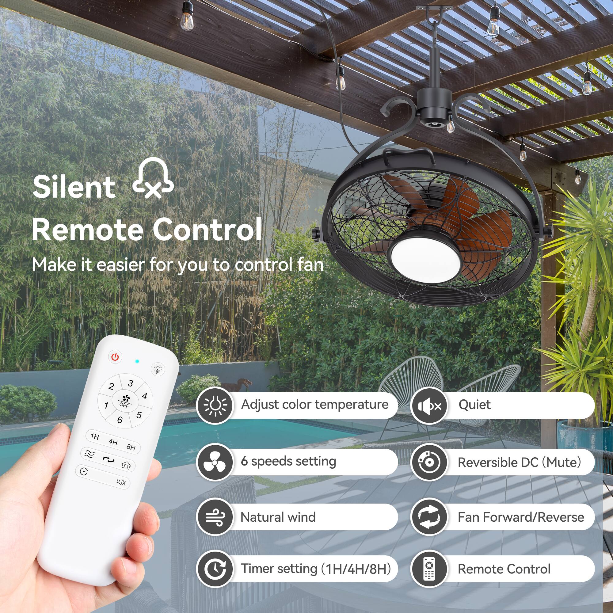 Silent Remote Control  
Make it easier for you to control fan  

- Adjust color temperature  
- 6 speeds setting  
- Natural wind (1H/4H/8H)  
- Timer setting (1H/4H/8H)  
- Quiet  
- Reversible DC (Mute)  
- Fan Forward/Reverse  
- Remote Control