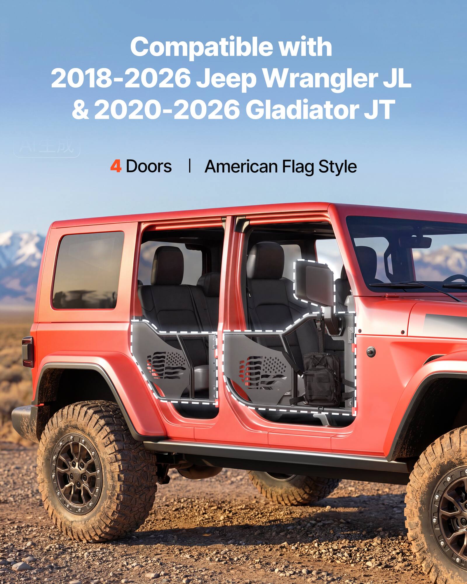 Compatible with 2018-2026 Jeep Wrangler JL & 2020-2026 Gladiator JT  
4 Doors | American Flag Style